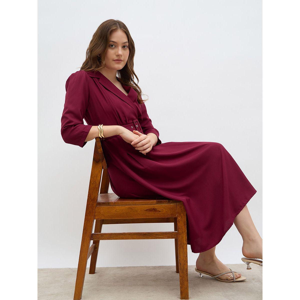 فستان ميدي سادة بنمط لف وكسرات-women-clothing-dresses-image-1