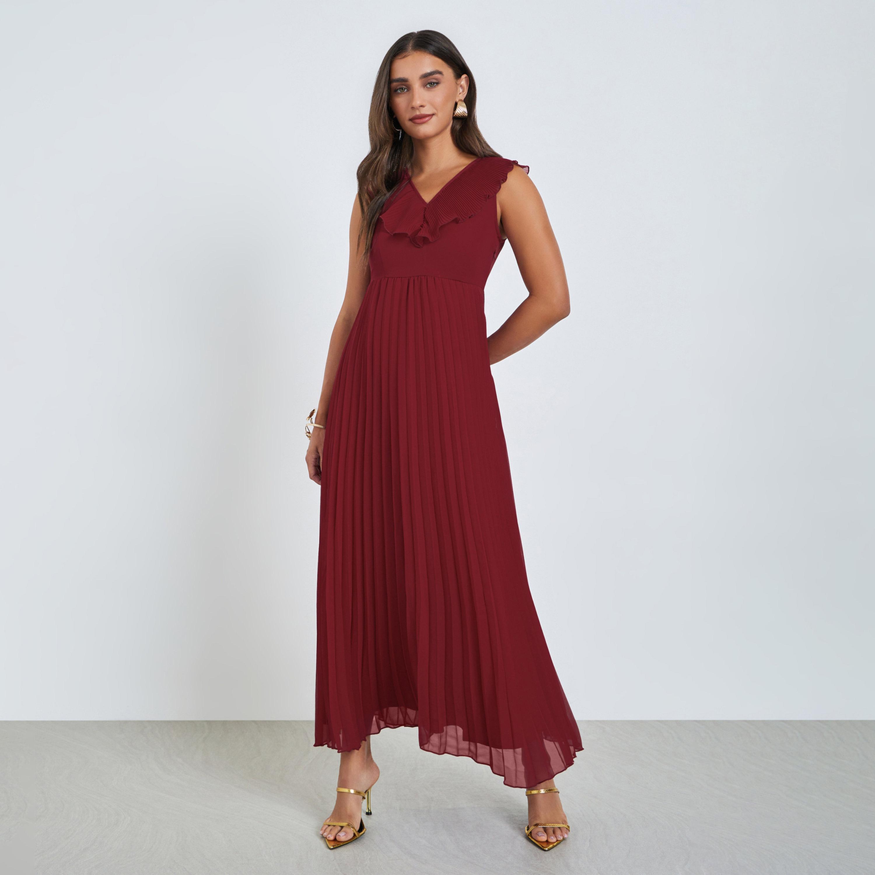 فستان طويل بكسرات بدون أكمام-women-clothing-dresses-image-1