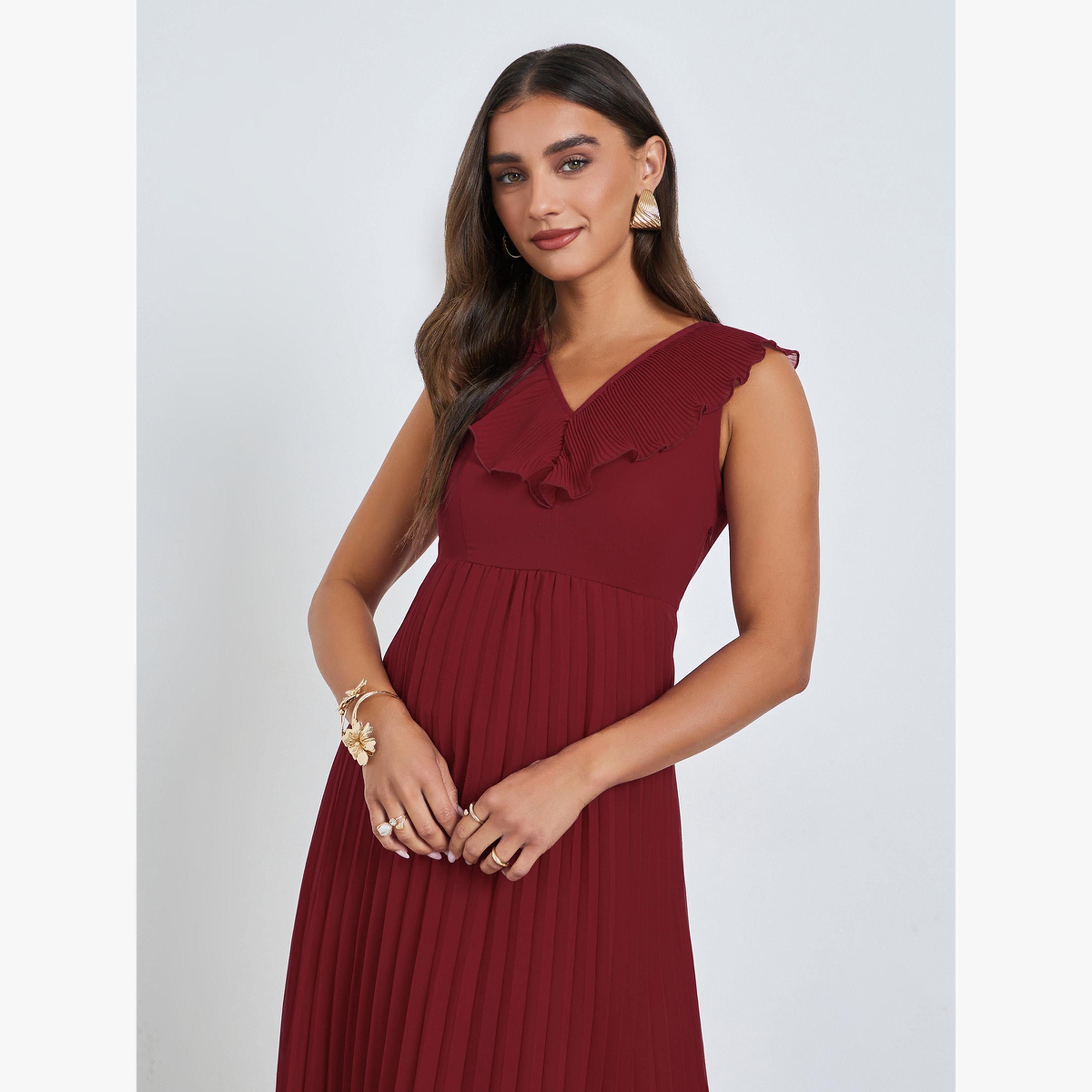 فستان طويل بكسرات بدون أكمام-women-clothing-dresses-image-2