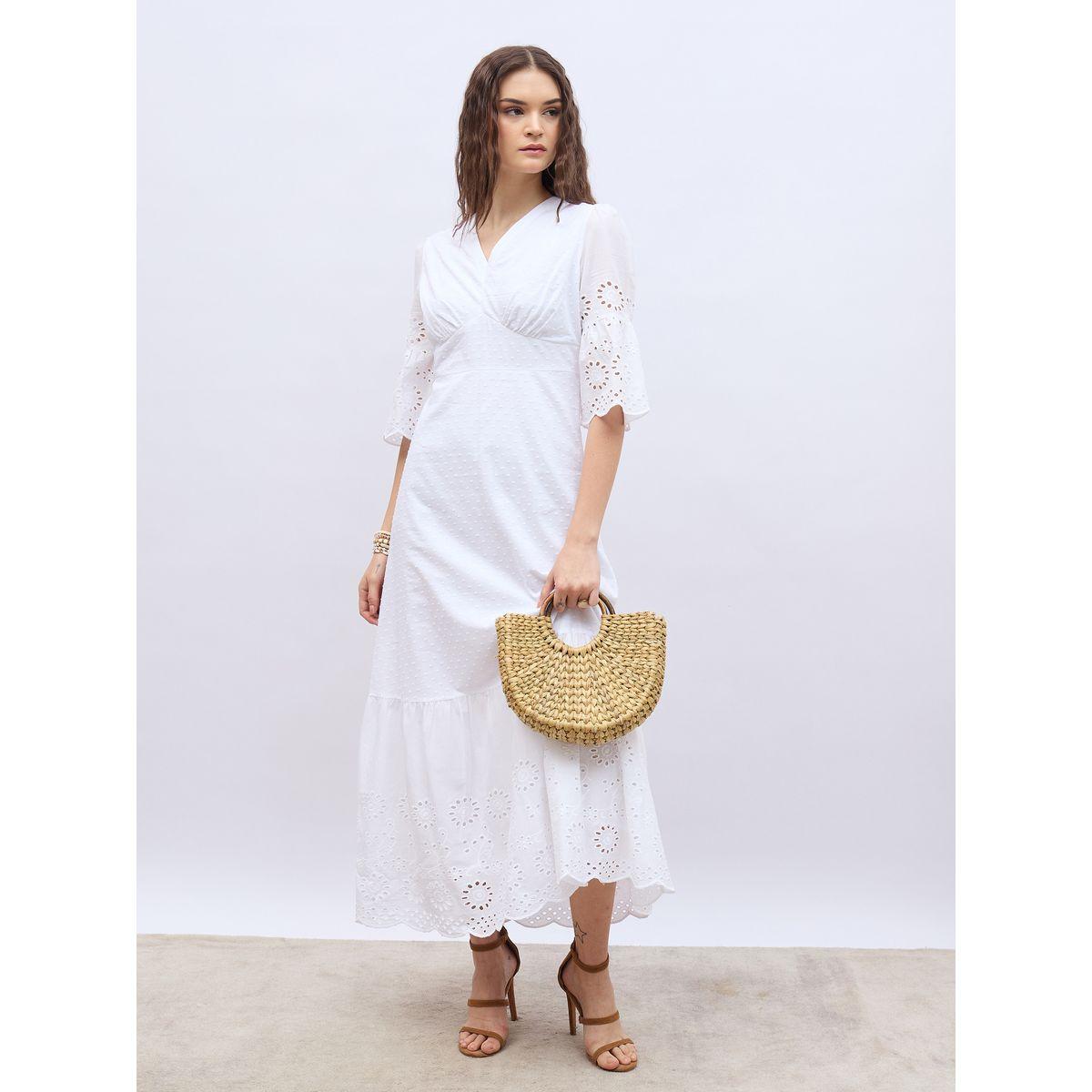 Styli Dobby V Neck A-Line Maxi Dress with Schiffli Detail-women-clothing-dresses-image-1