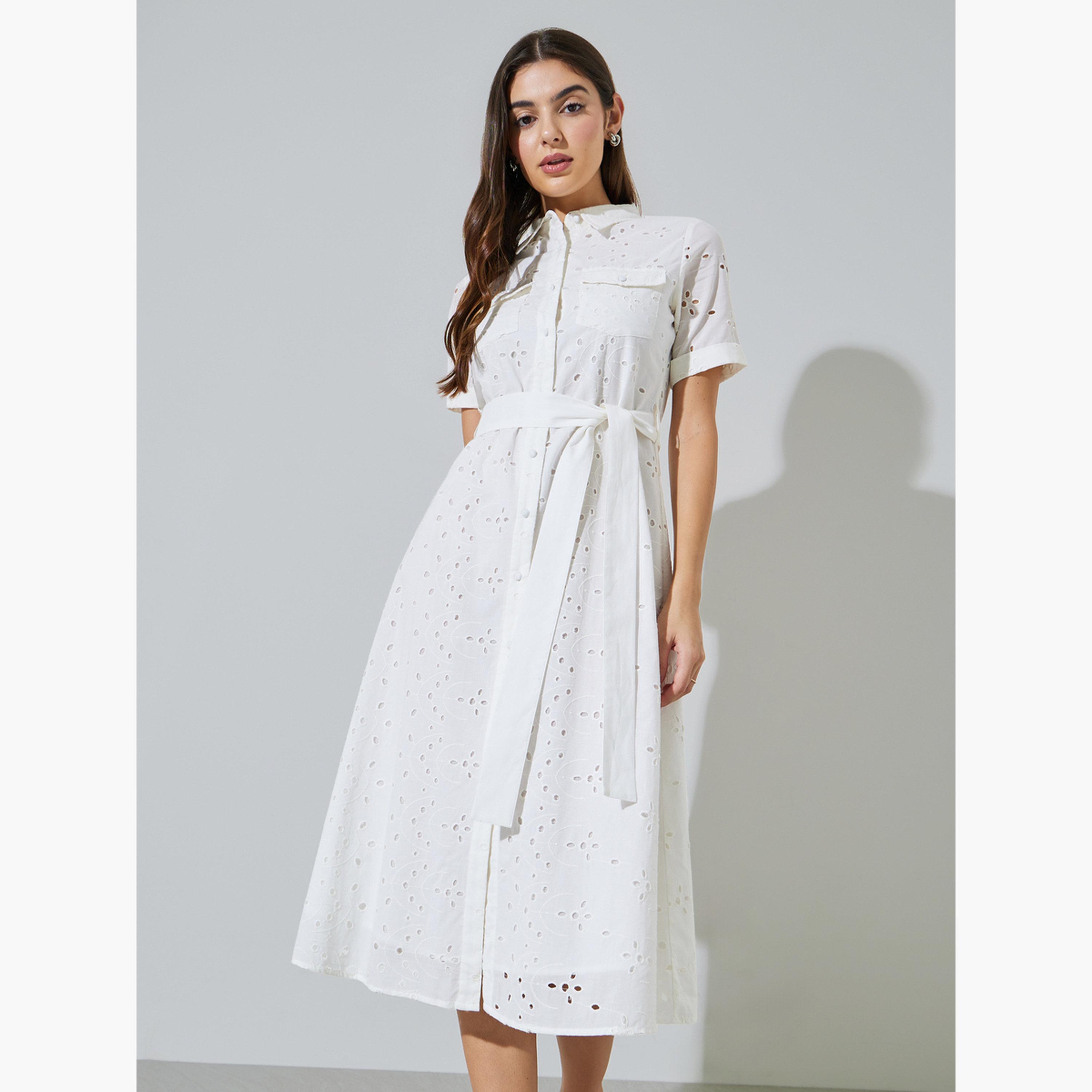 ستايلي - فستان ميدي بأكمام قصيرة من شيفلي مع تفاصيل حزام-women-clothing-dresses-image-1