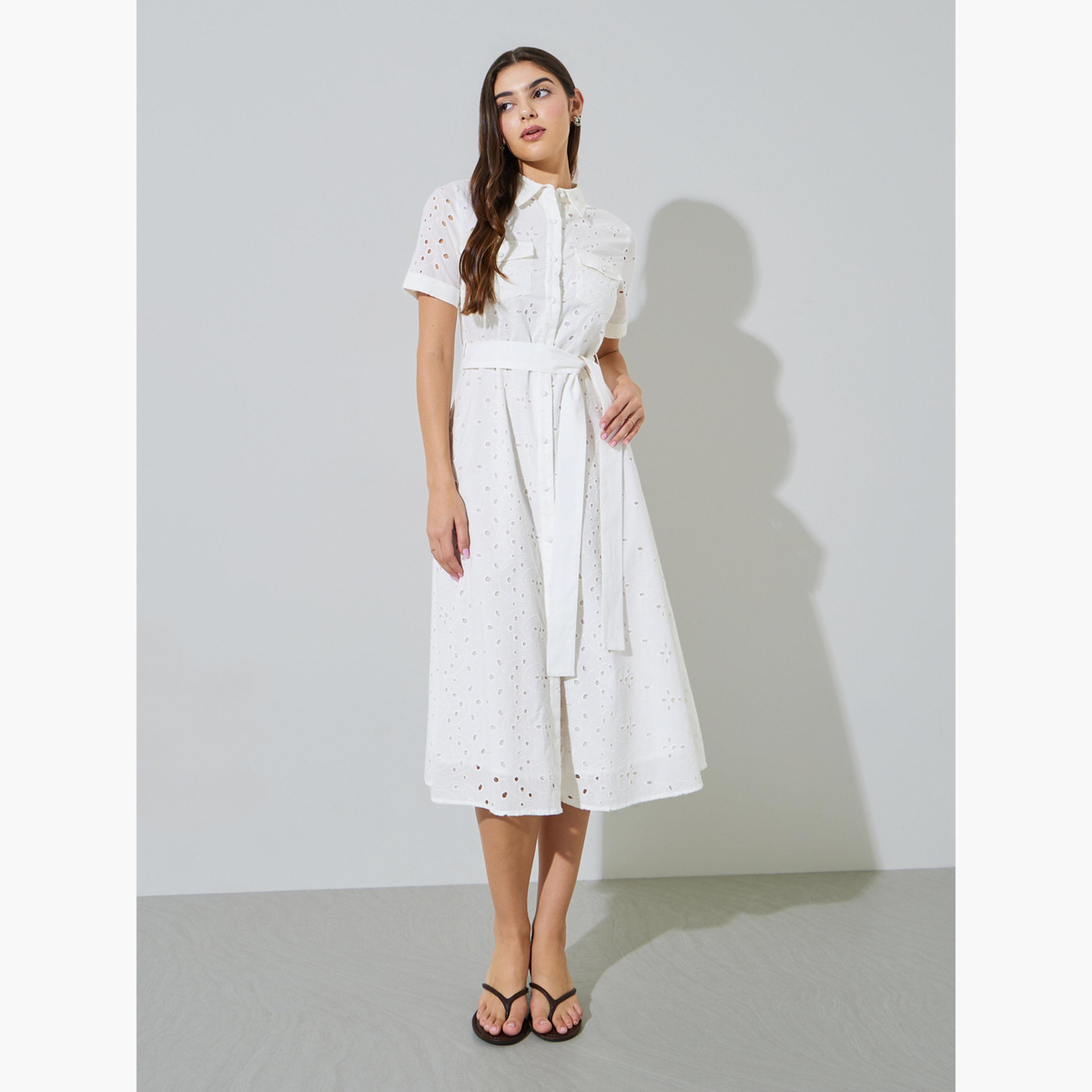 ستايلي - فستان ميدي بأكمام قصيرة من شيفلي مع تفاصيل حزام-women-clothing-dresses-image-2