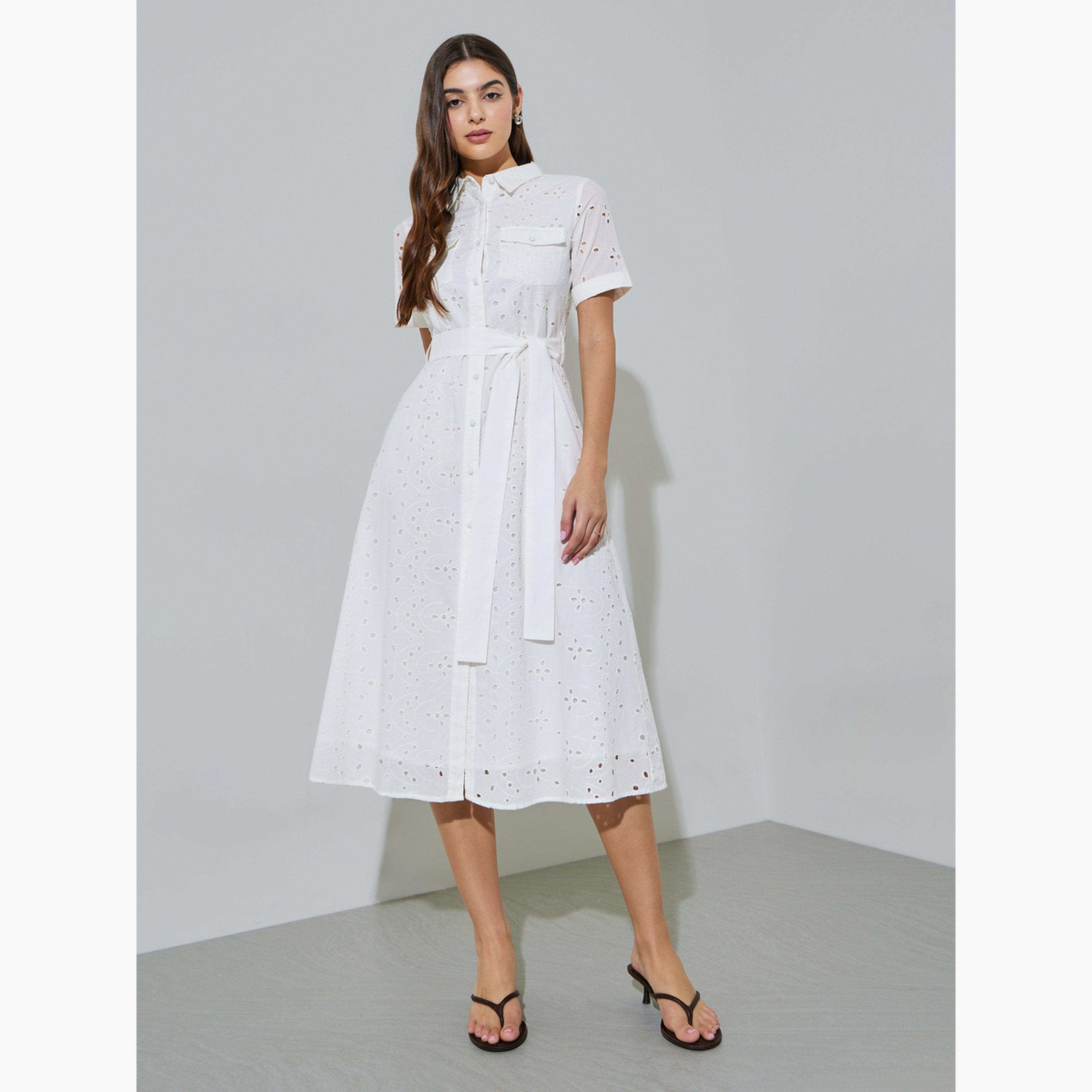 ستايلي - فستان ميدي بأكمام قصيرة من شيفلي مع تفاصيل حزام-women-clothing-dresses-image-3