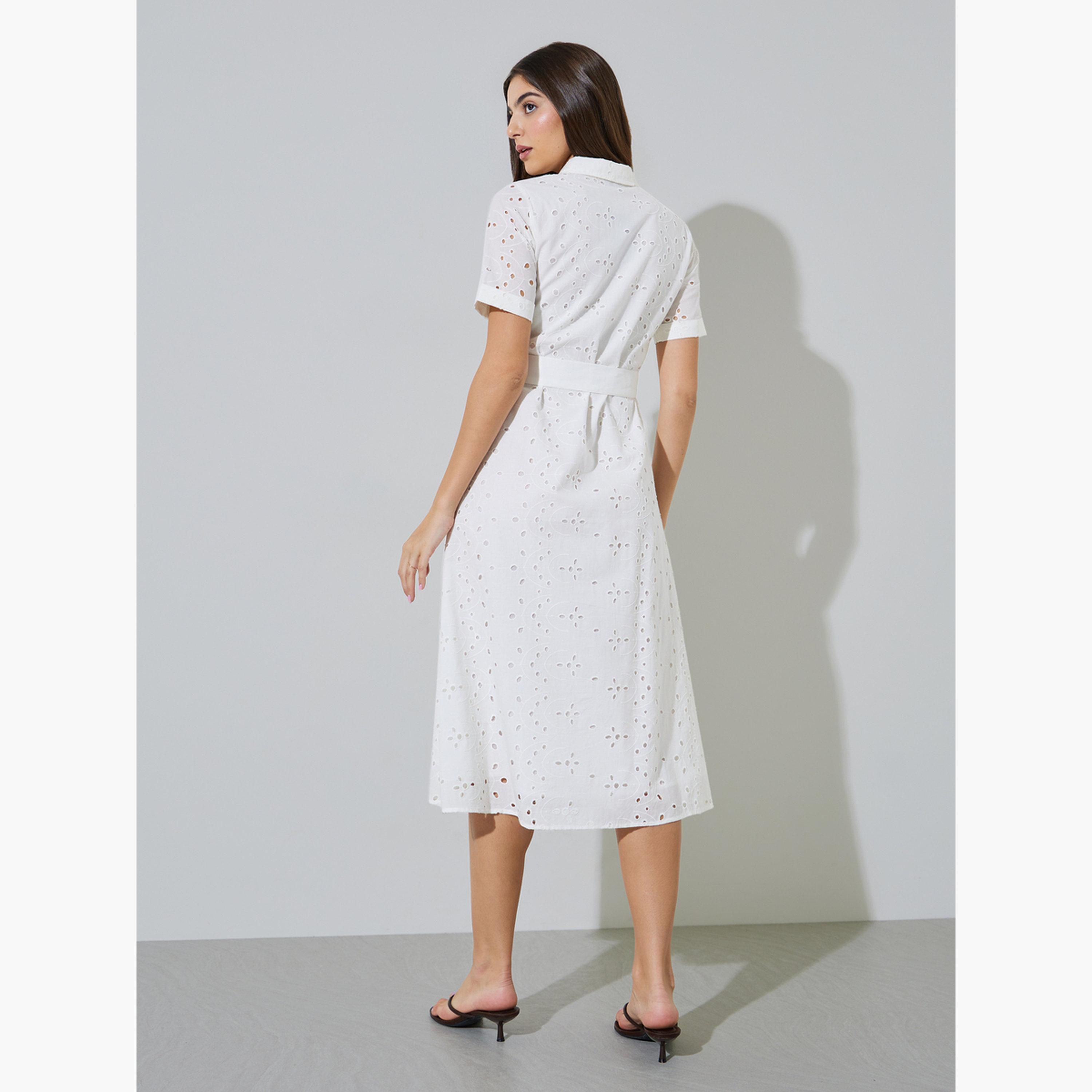 ستايلي - فستان ميدي بأكمام قصيرة من شيفلي مع تفاصيل حزام-women-clothing-dresses-image-4