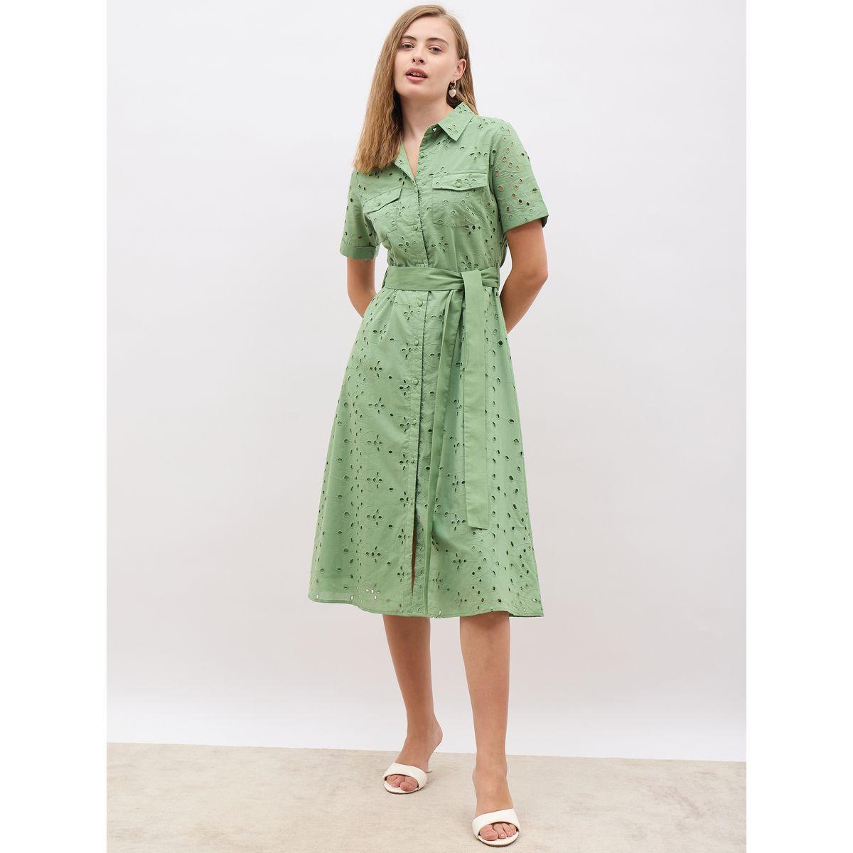 فستان ميدي شيفلي بأكمام قصيرة وحزام-women-clothing-dresses-image-2