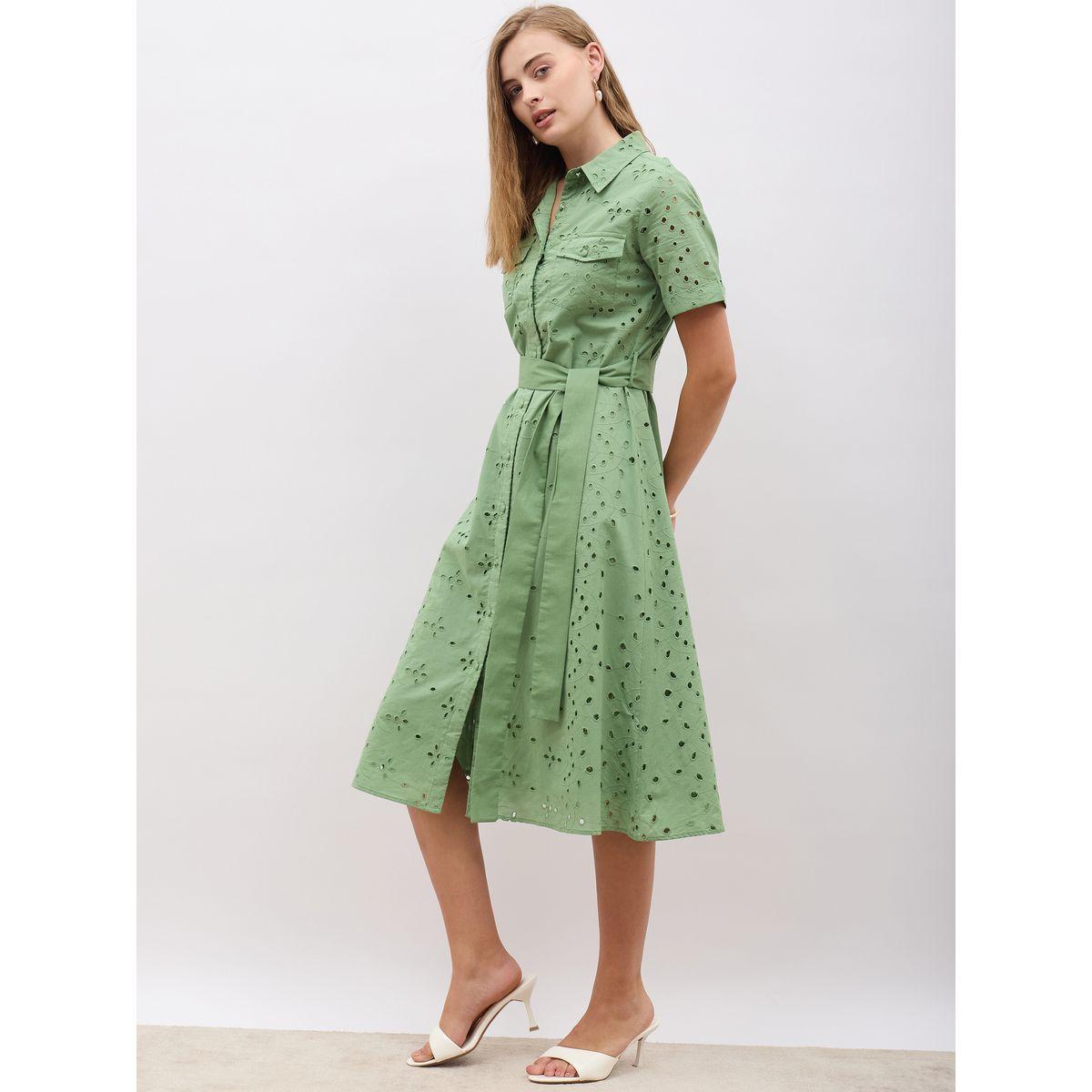Styli Schiffli Short Sleeve Shirt Midi Dress with Belt Detail-women-clothing-dresses-image-3