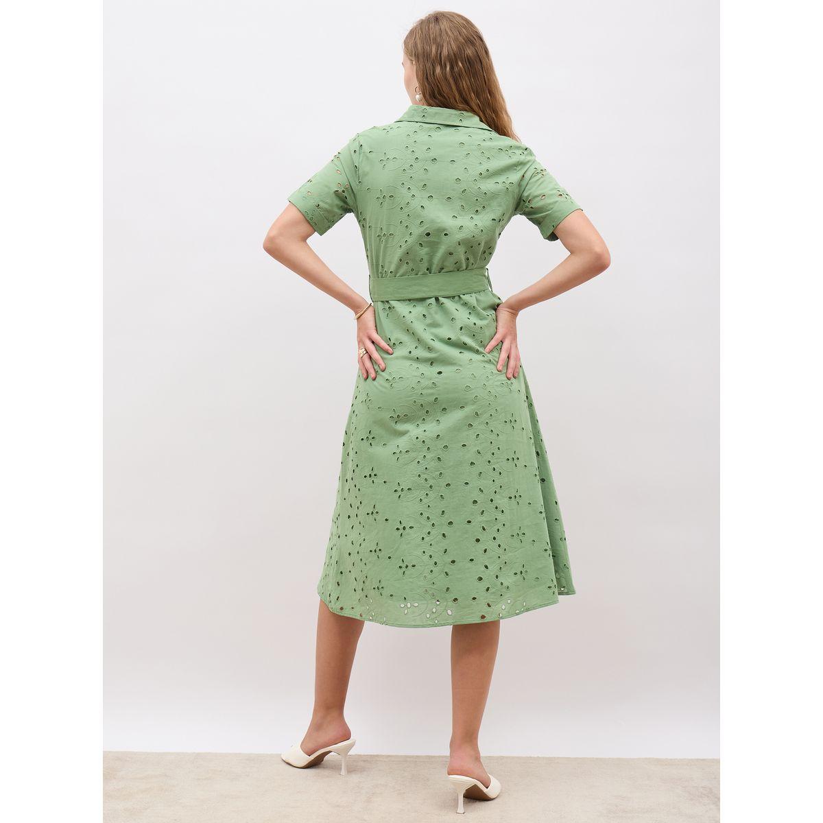 Styli Schiffli Short Sleeve Shirt Midi Dress with Belt Detail-women-clothing-dresses-image-5