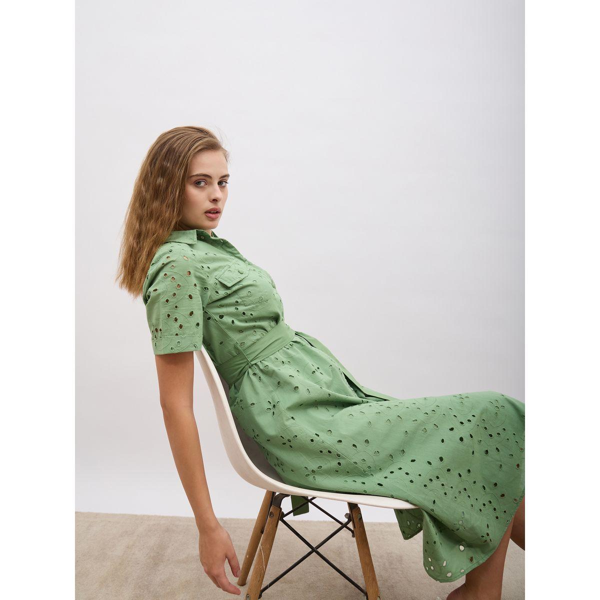 Styli Schiffli Short Sleeve Shirt Midi Dress with Belt Detail-women-clothing-dresses-image-6