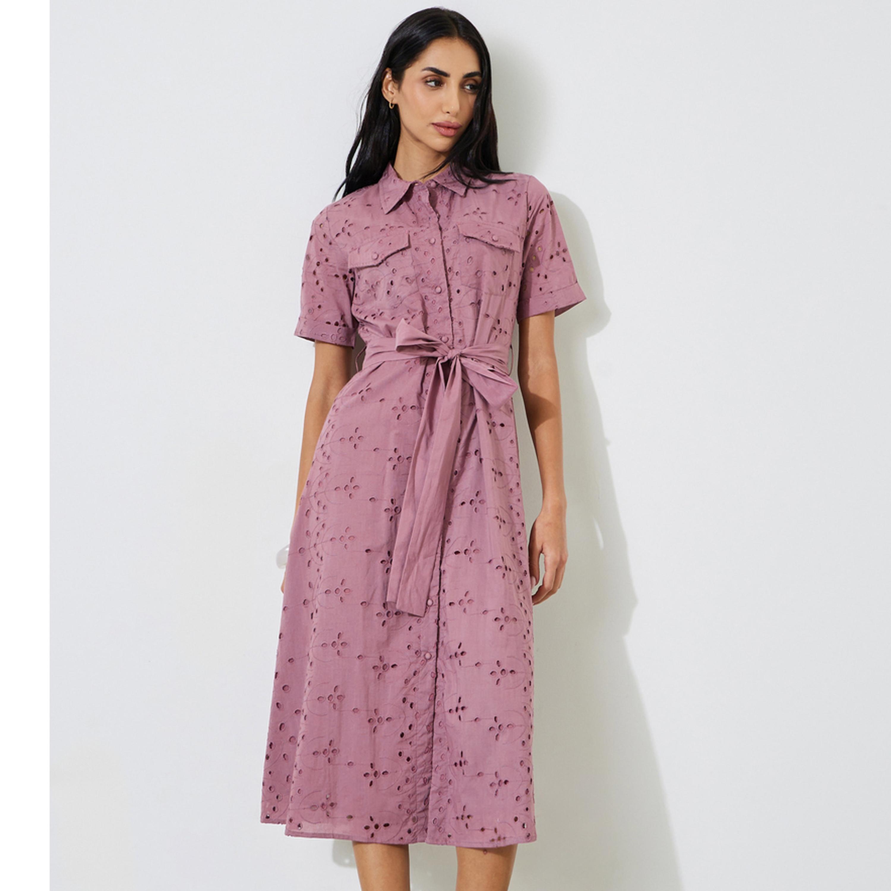 Styli Schiffli Short Sleeve Shirt Midi Dress with Belt Detail-women-clothing-dresses-image-1