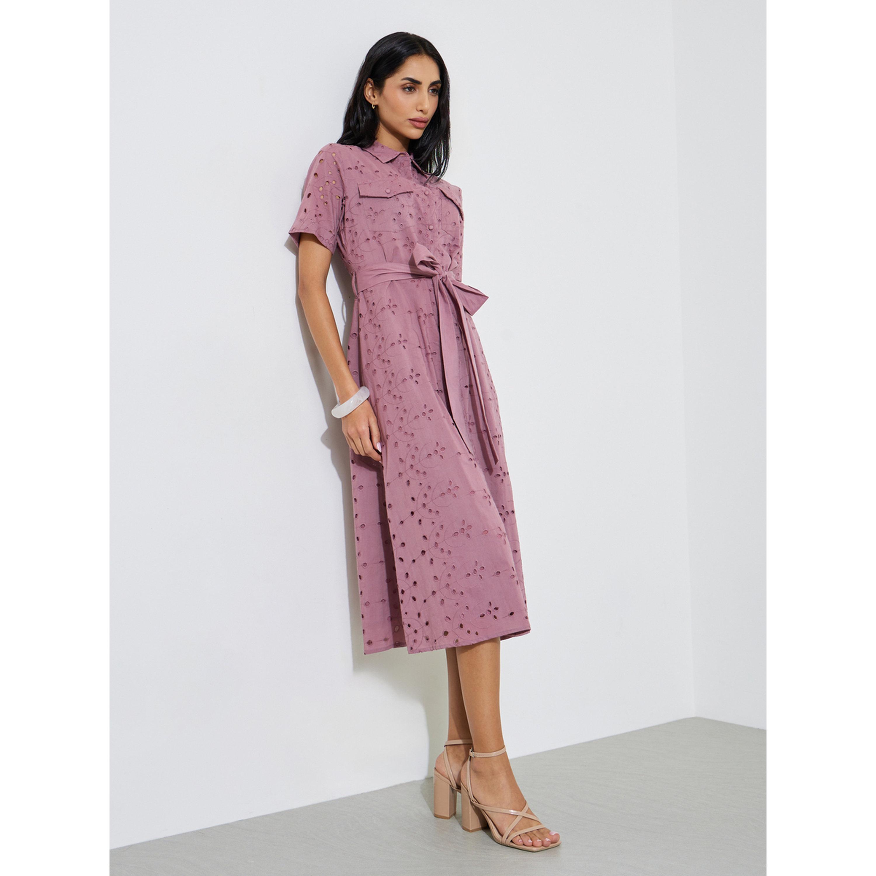 Styli Schiffli Short Sleeve Shirt Midi Dress with Belt Detail-women-clothing-dresses-image-2