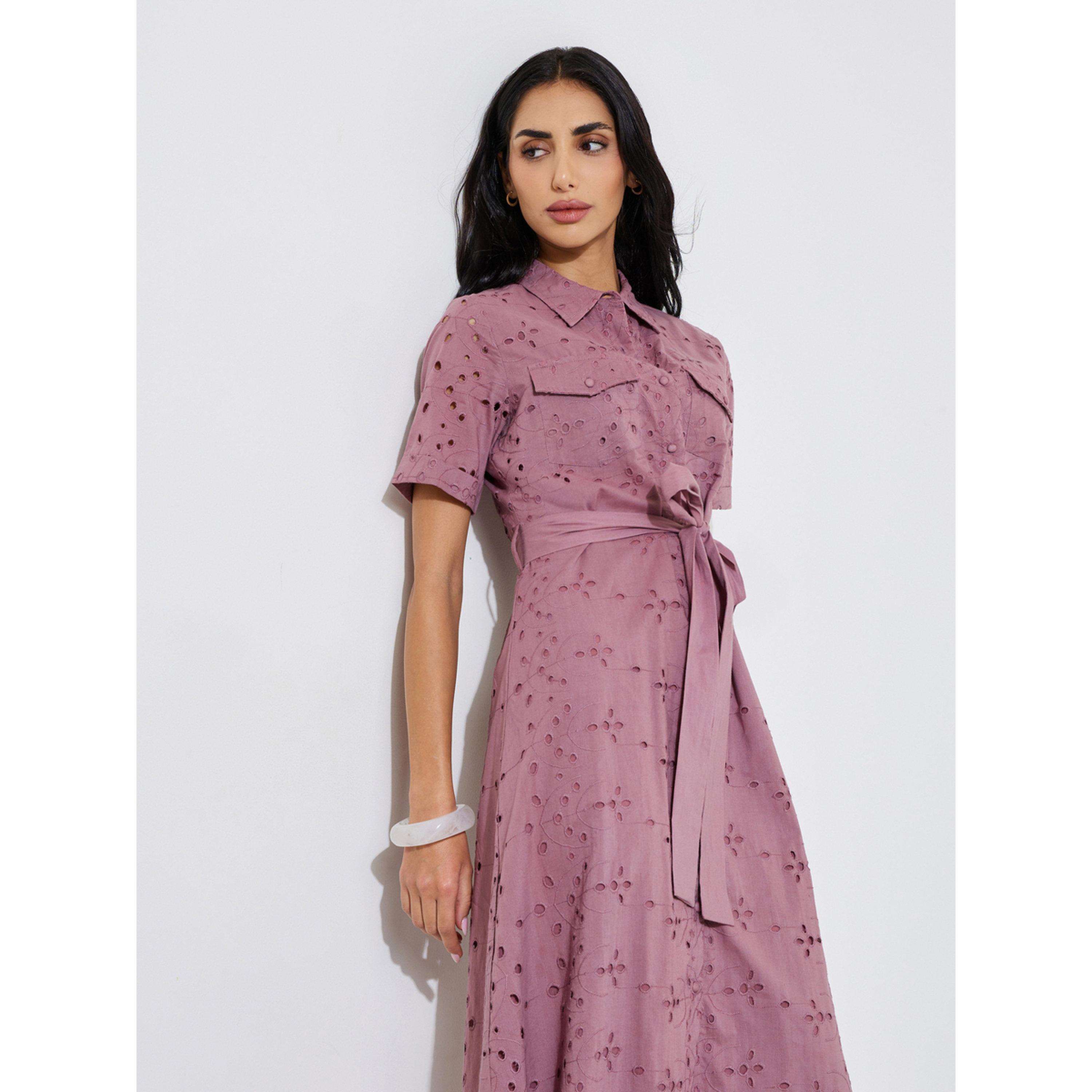 Styli Schiffli Short Sleeve Shirt Midi Dress with Belt Detail-women-clothing-dresses-image-3