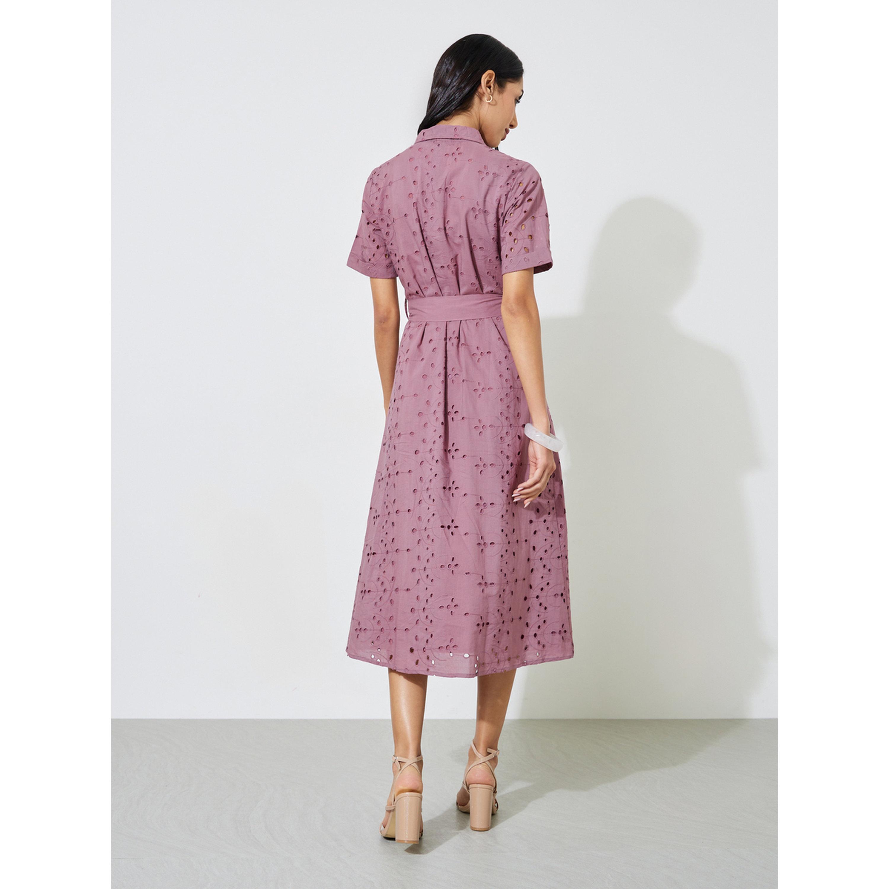 Styli Schiffli Short Sleeve Shirt Midi Dress with Belt Detail-women-clothing-dresses-image-4
