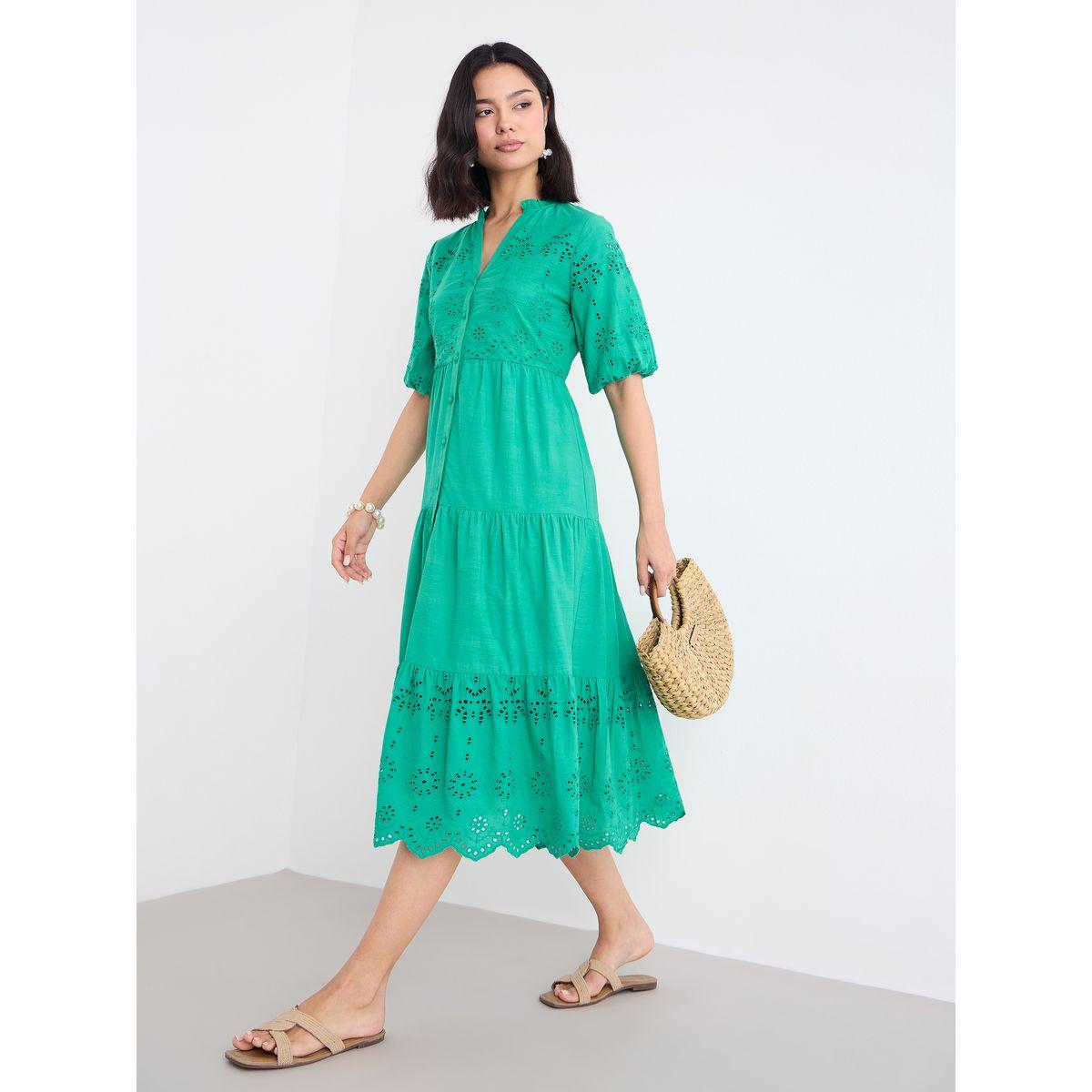 فستان ميدي بأكمام منفوخة مع كسرات-women-clothing-dresses-image-1