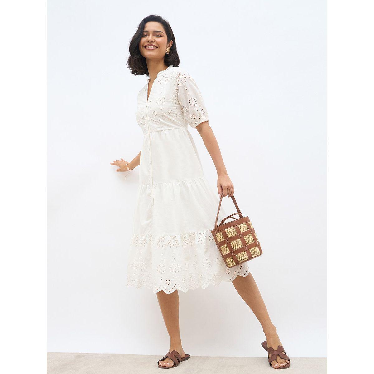 فستان ميدي شيفلي بأكمام منفوخة وكسرات-women-clothing-dresses-image-1