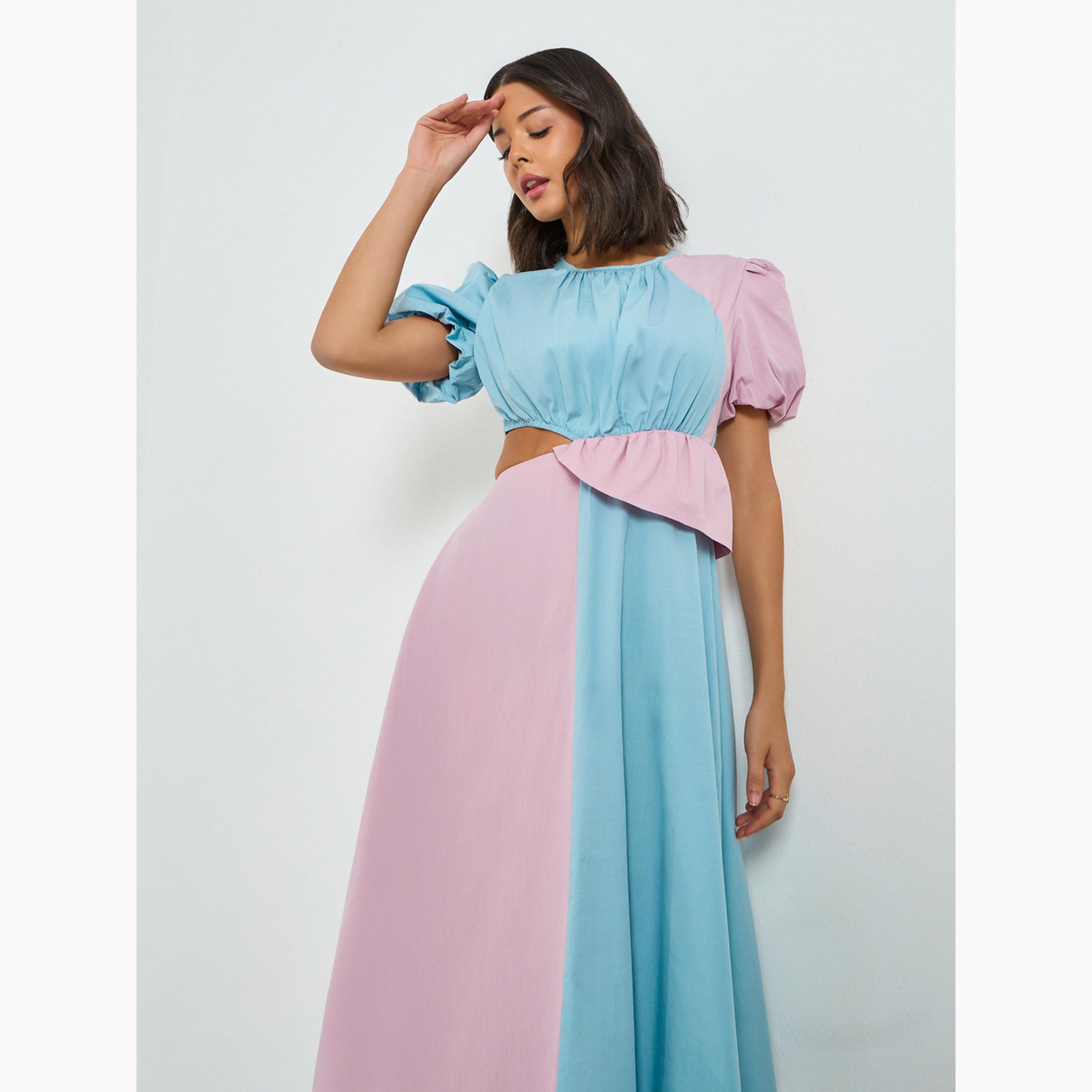 فستان ميدي بنمط كتل متمايزة بتفاصيل مفرغة-women-clothing-dresses-image-2