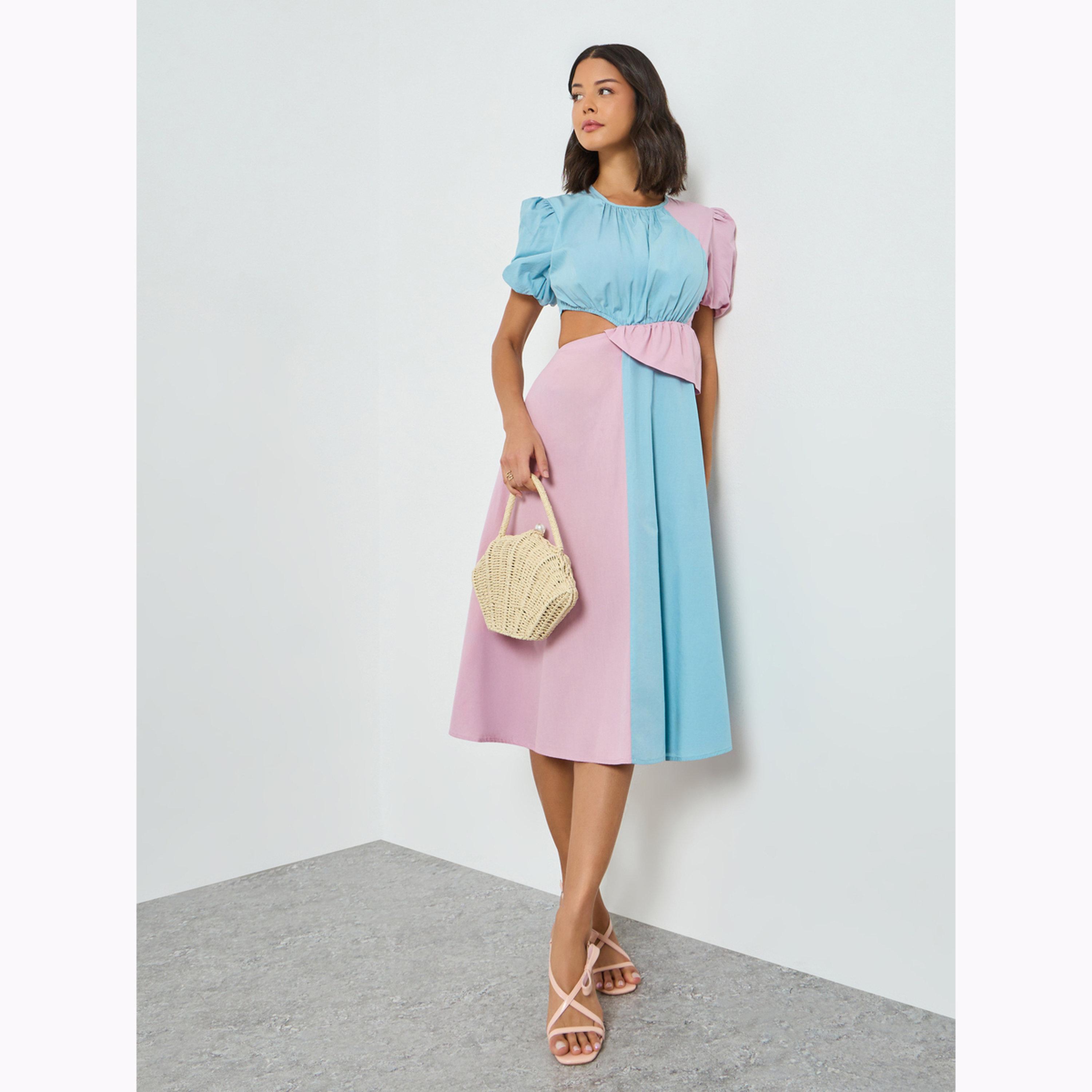 فستان ميدي بنمط كتل متمايزة بتفاصيل مفرغة-women-clothing-dresses-image-3