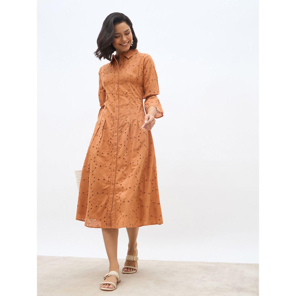 Styli Schiffli 3/4 Sleeve Shirt Midi Dress-women-clothing-dresses-image-1
