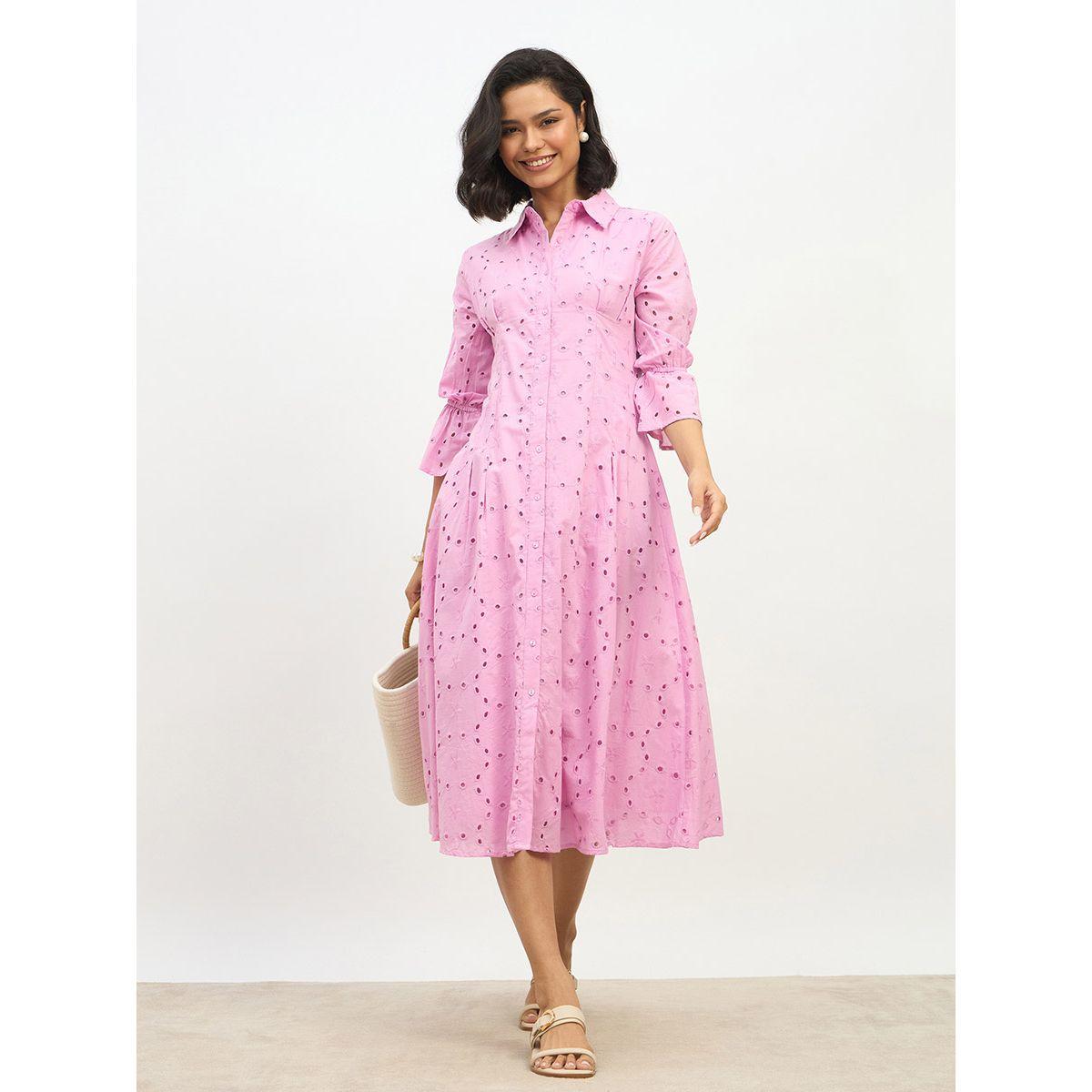 Styli Schiffli 3/4 Sleeve Shirt Midi Dress-women-clothing-dresses-image-1