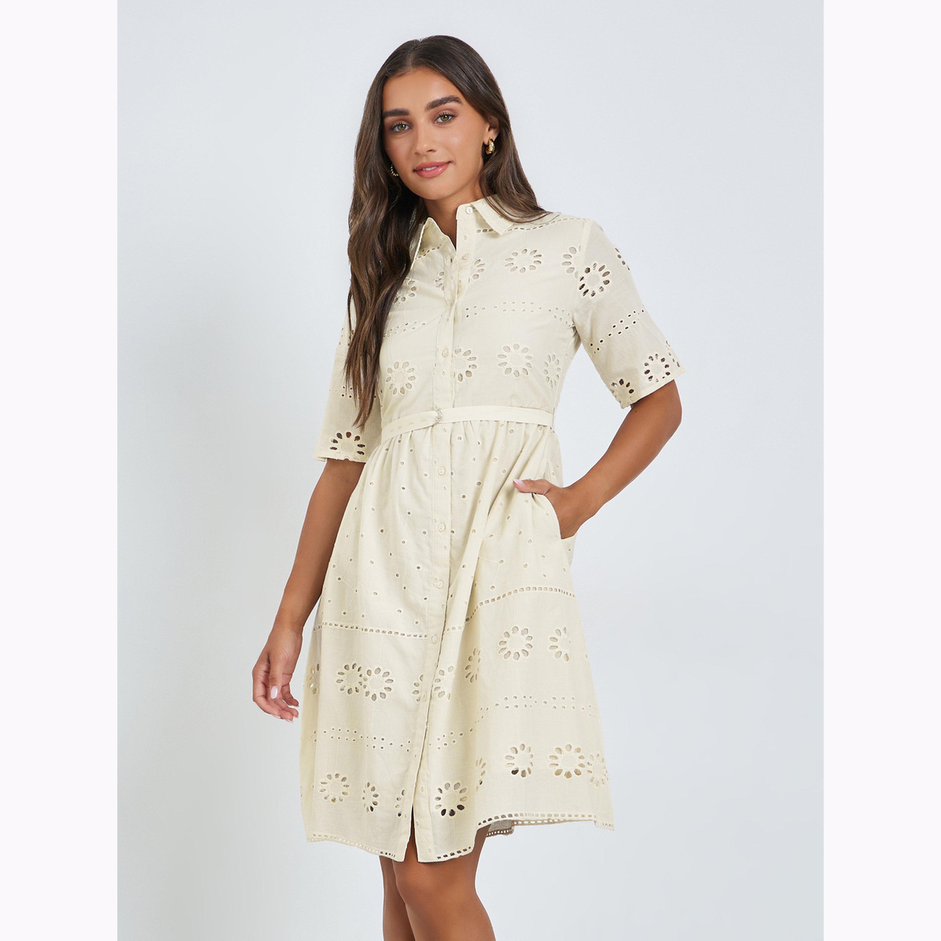 Styli Off White Schiffli Shirt Collar Mini Dress-women-clothing-dresses-image-1