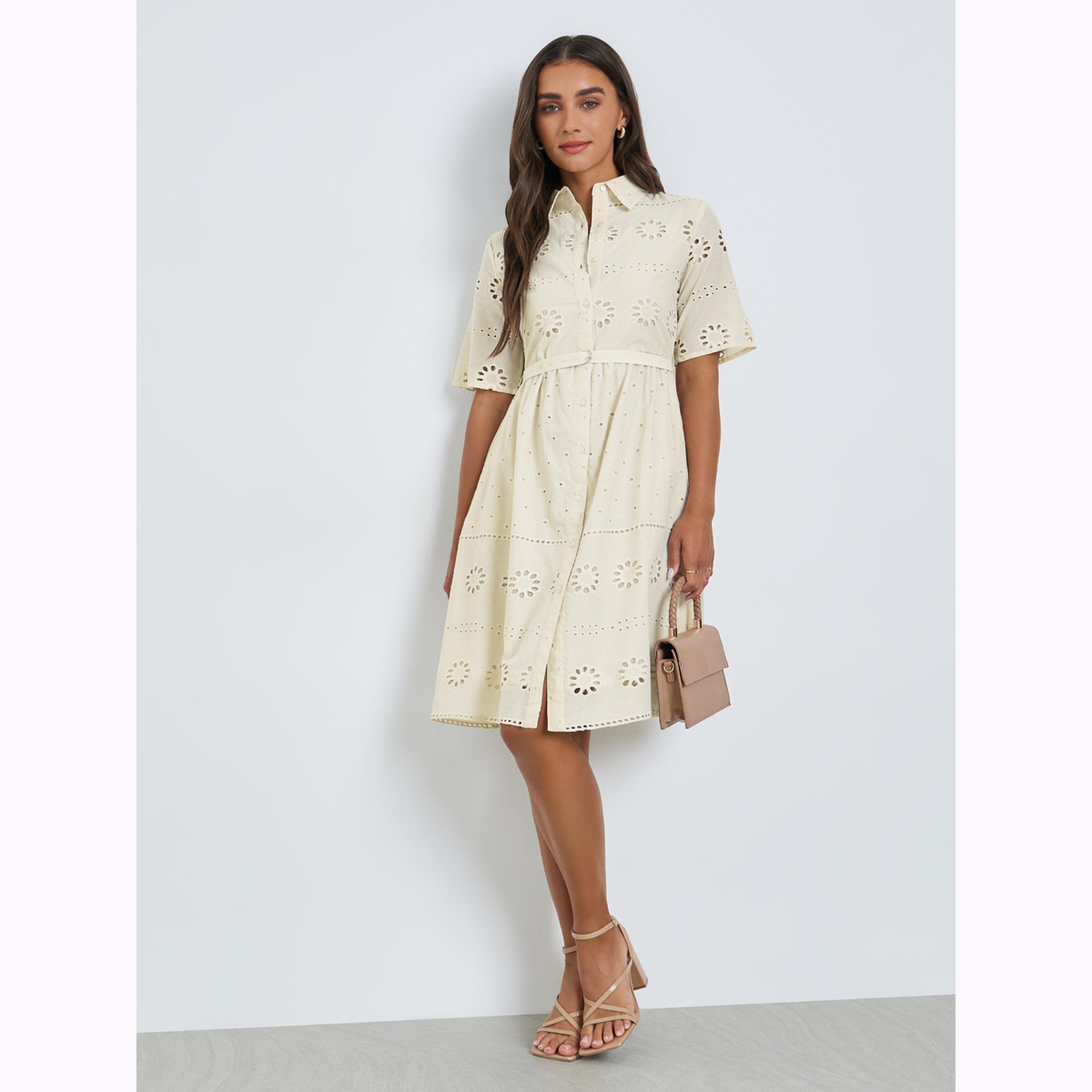 فستان قصير بياقة قميص وتفاصيل شيفلي-women-clothing-dresses-image-2
