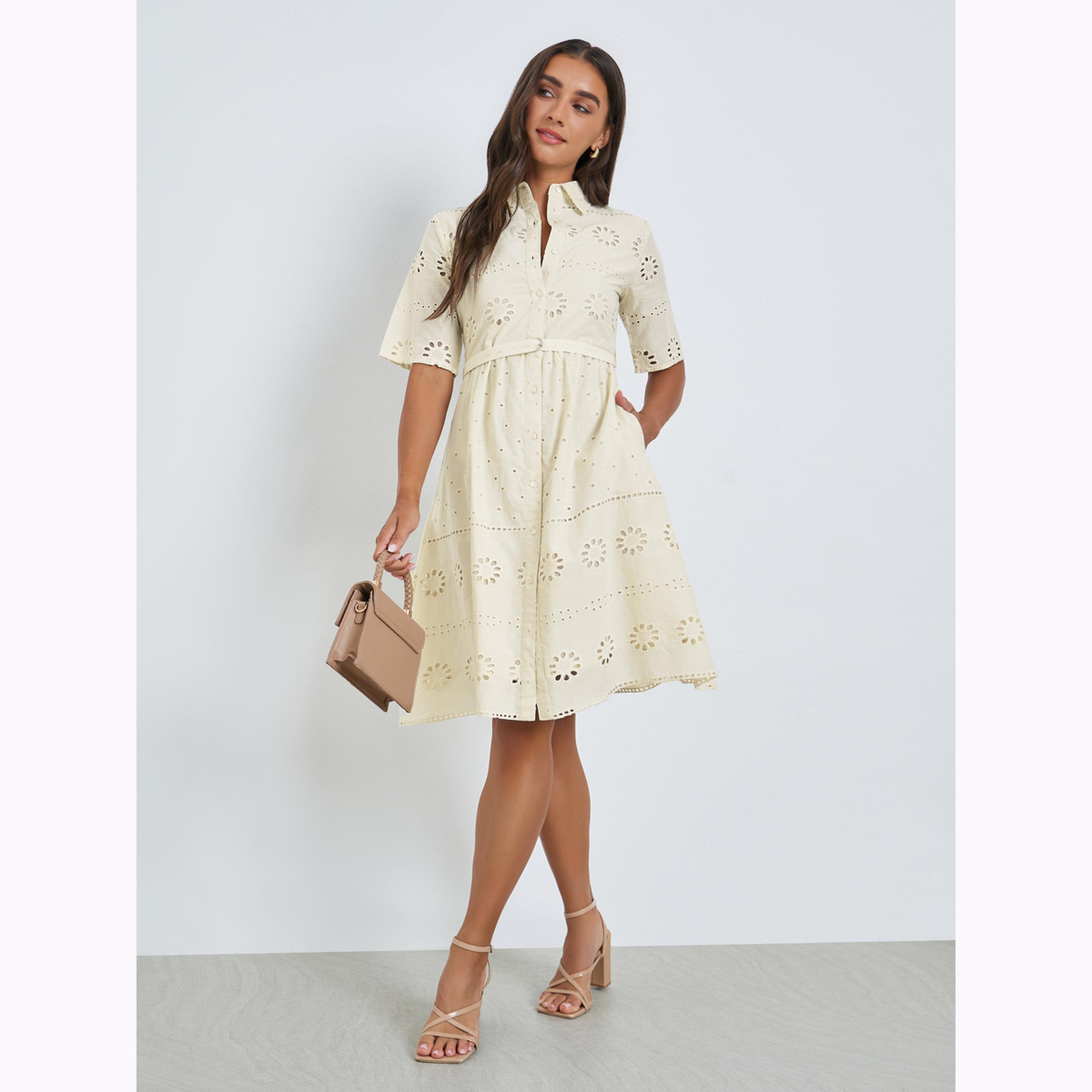 Styli Off White Schiffli Shirt Collar Mini Dress-women-clothing-dresses-image-3
