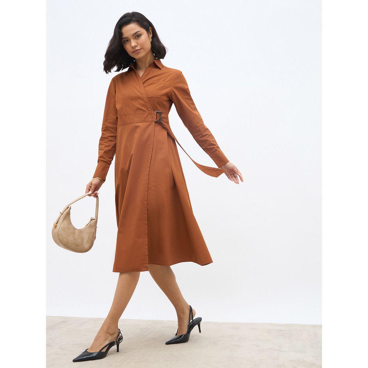 فستان ميدي سادة بنمط لف مع حزام-women-clothing-dresses-image-1