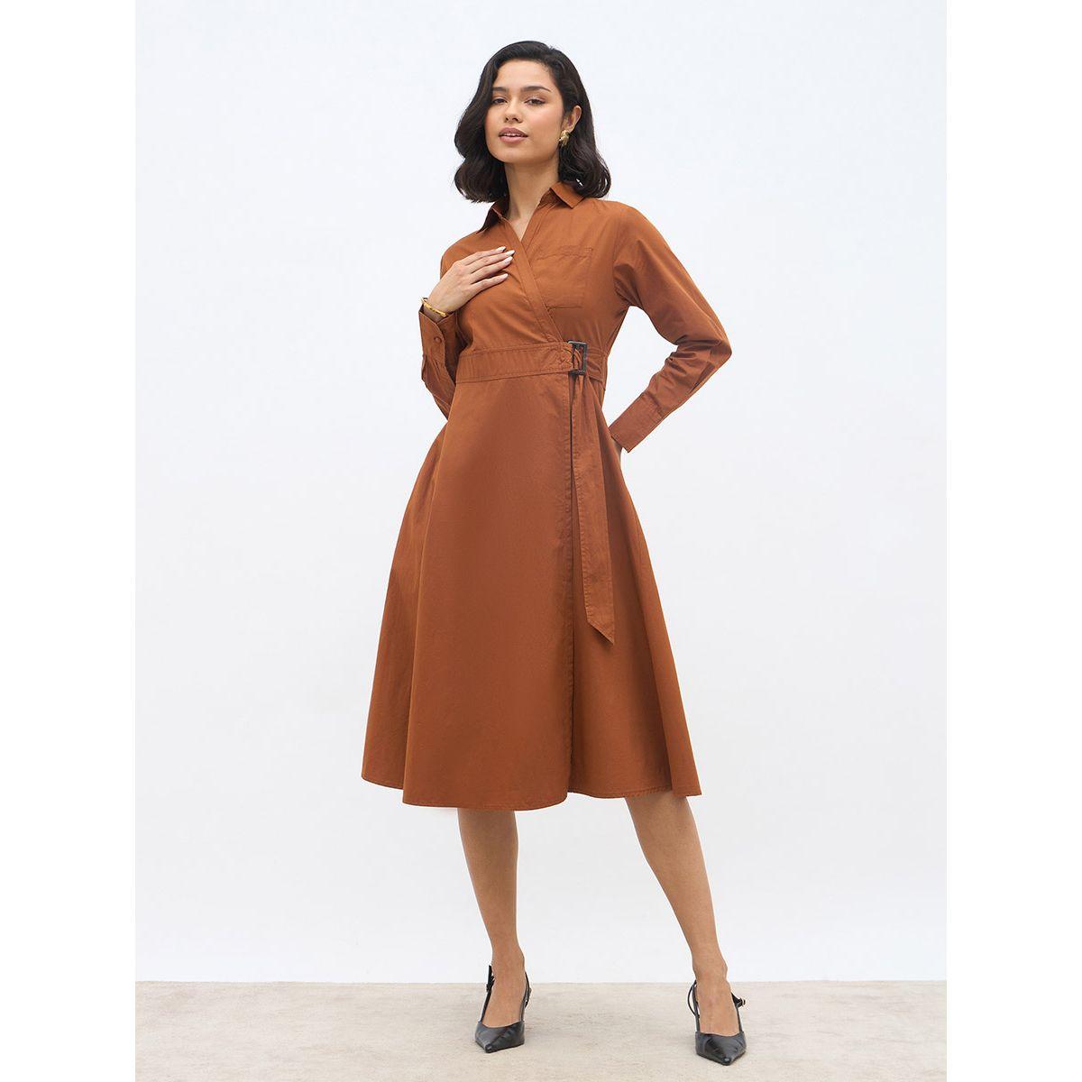 فستان ميدي سادة بنمط لف مع حزام-women-clothing-dresses-image-2