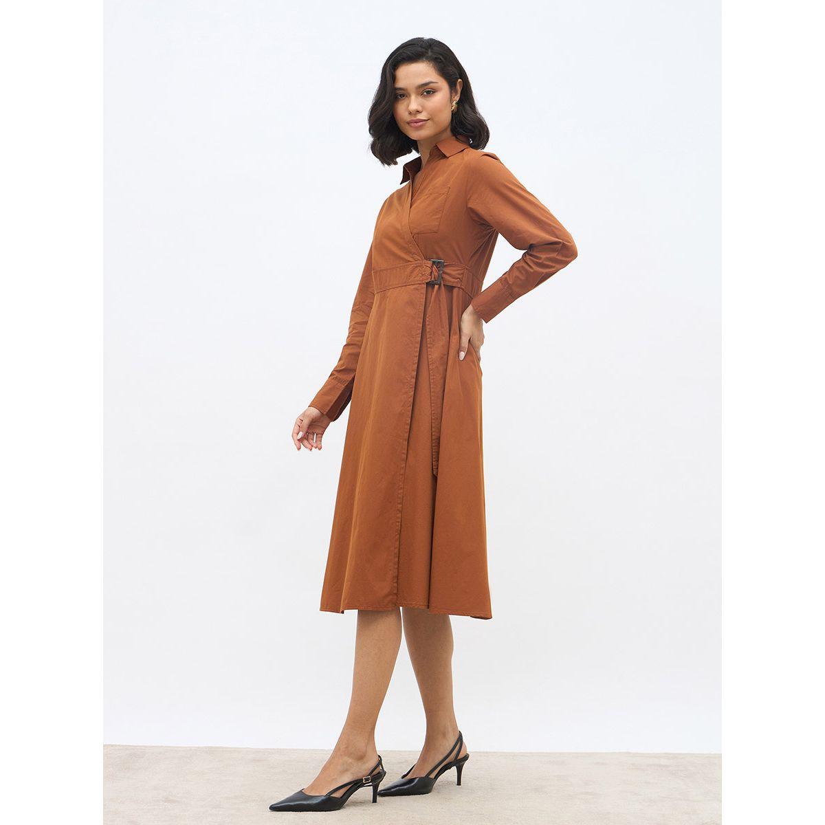 فستان ميدي سادة بنمط لف مع حزام-women-clothing-dresses-image-3