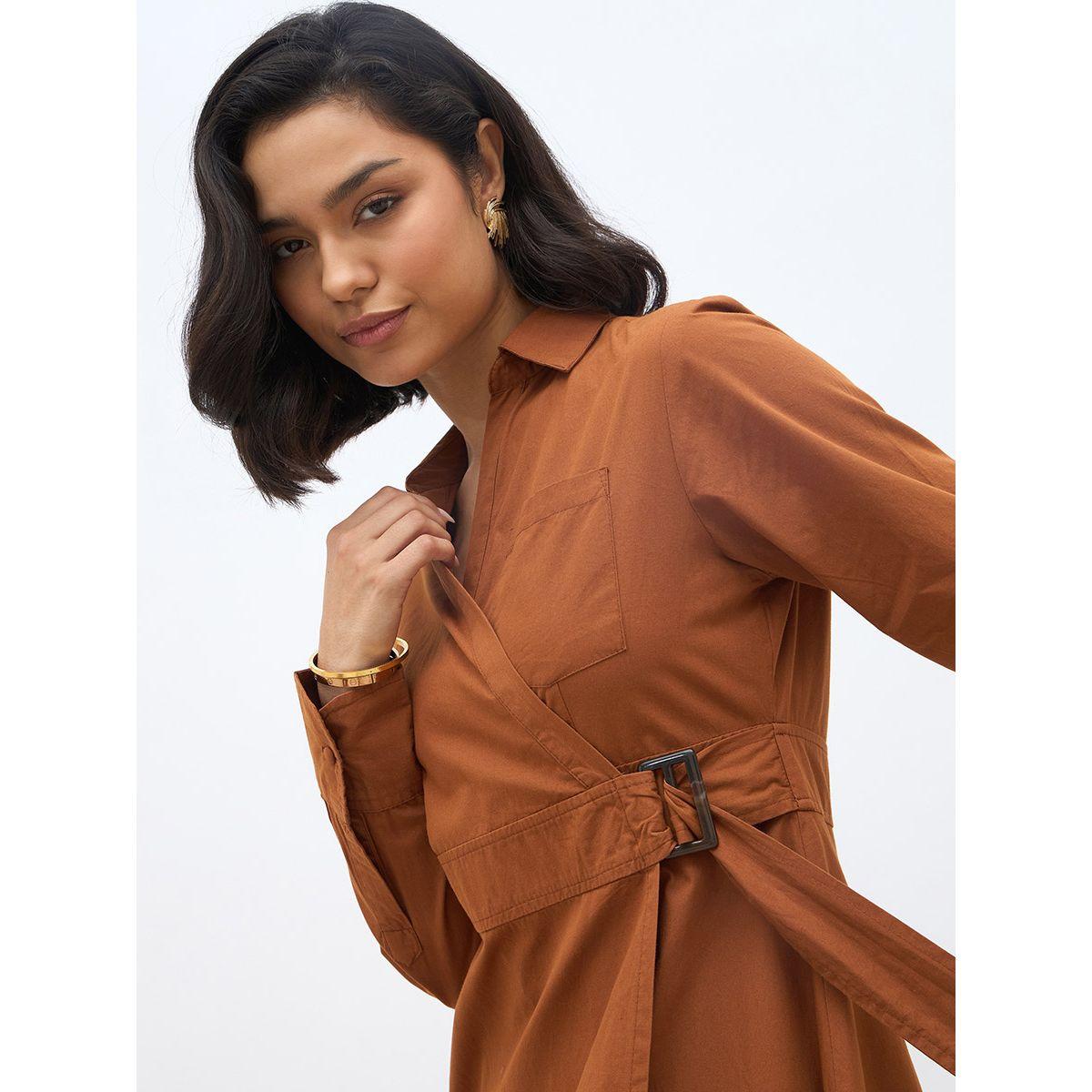 فستان ميدي سادة بنمط لف مع حزام-women-clothing-dresses-image-4