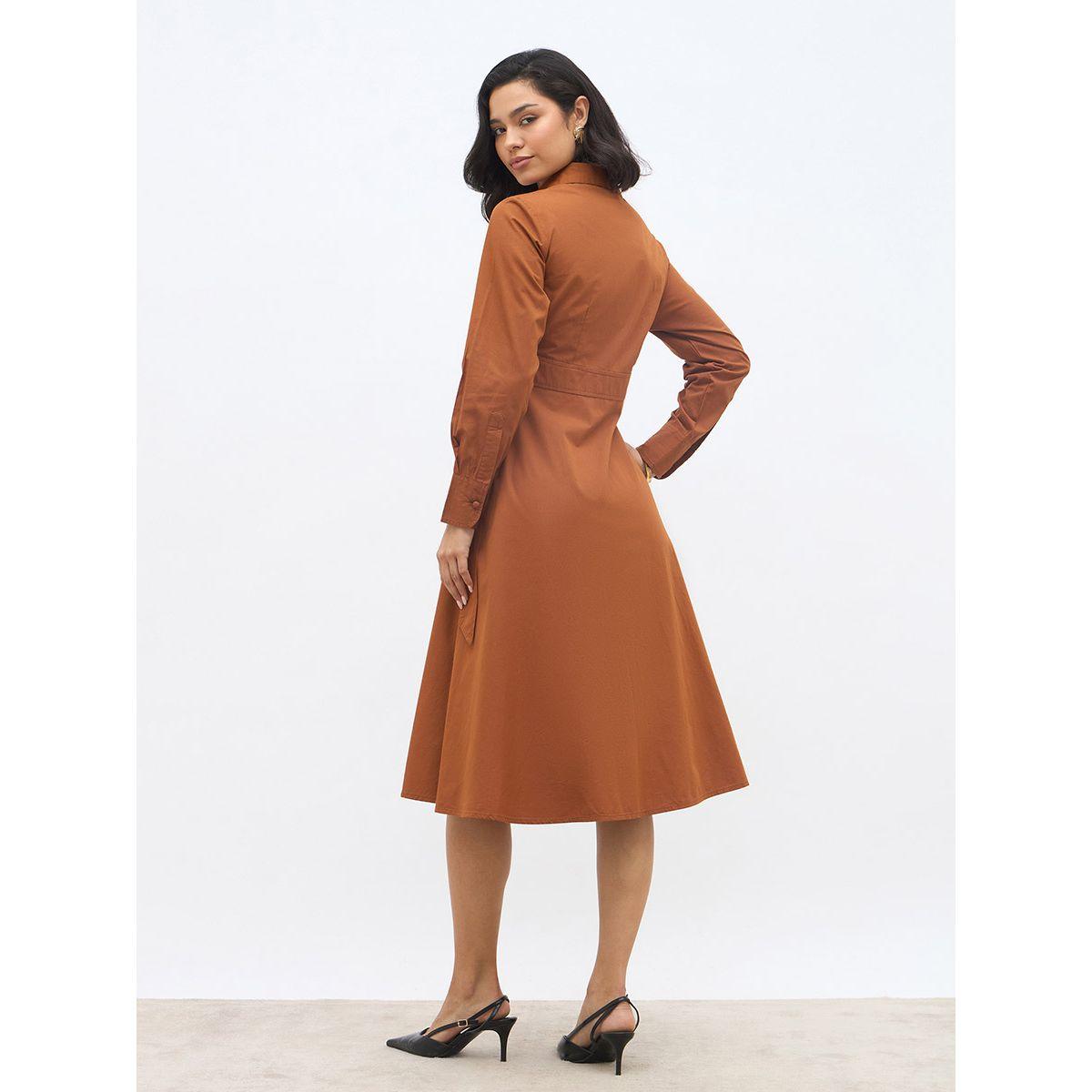 فستان ميدي سادة بنمط لف مع حزام-women-clothing-dresses-image-5