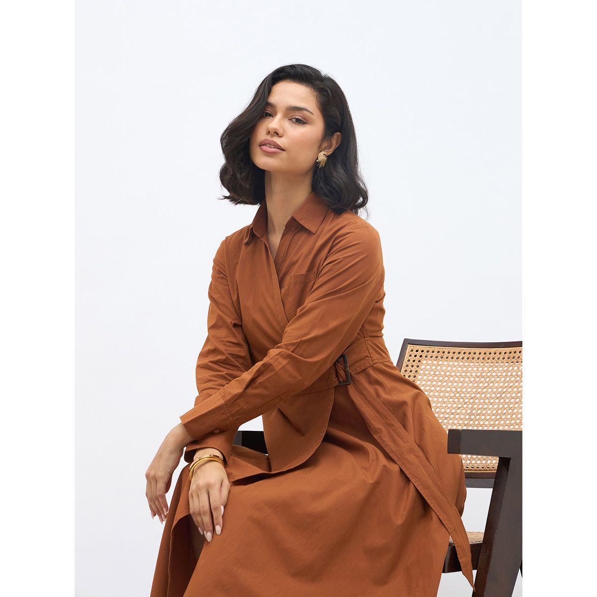 فستان ميدي سادة بنمط لف مع حزام-women-clothing-dresses-image-6