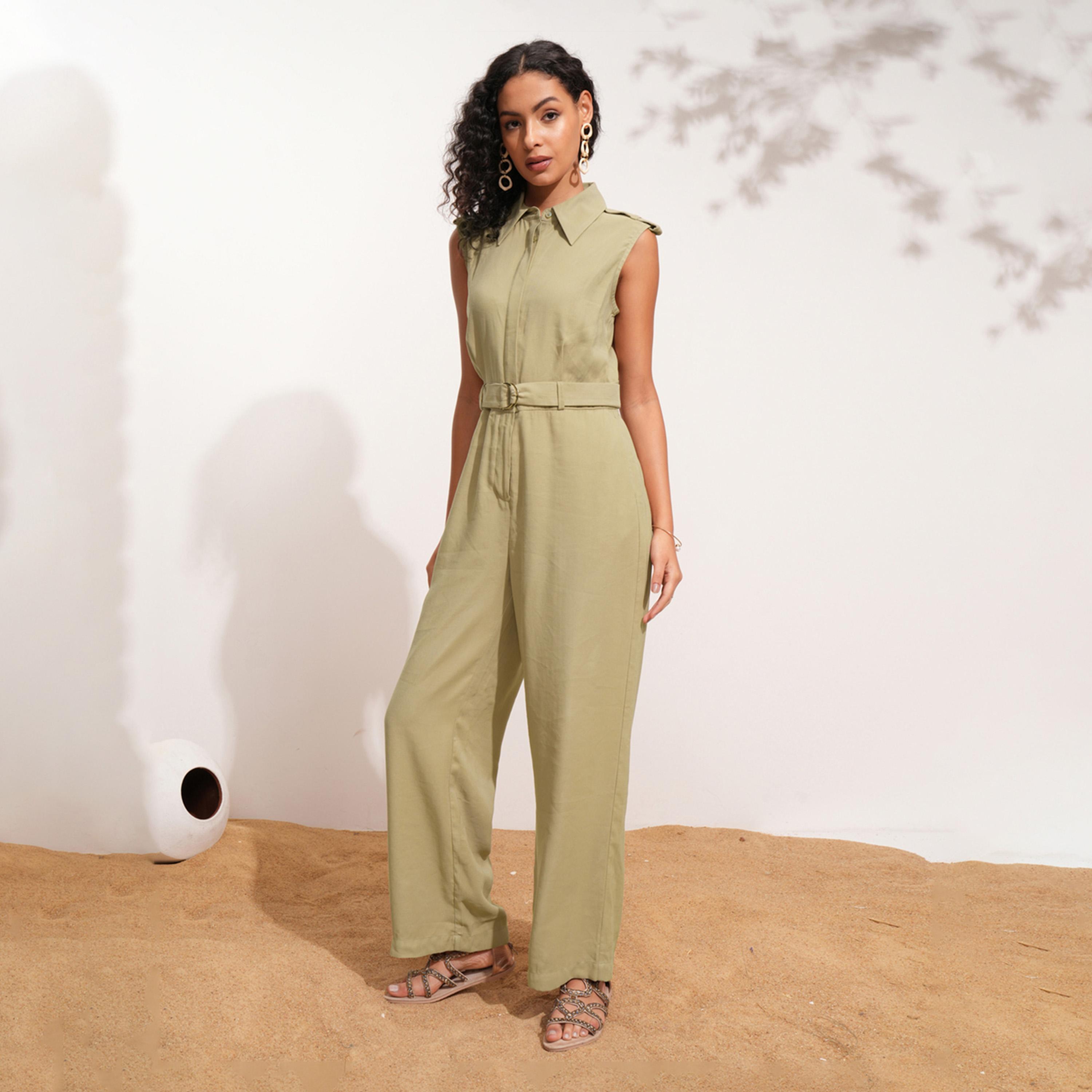 Tokyo Talkies X Styli Solid Sleeveless Collared Jumpsuit With Belt Detail-women-clothing-jumpsuits-image-1