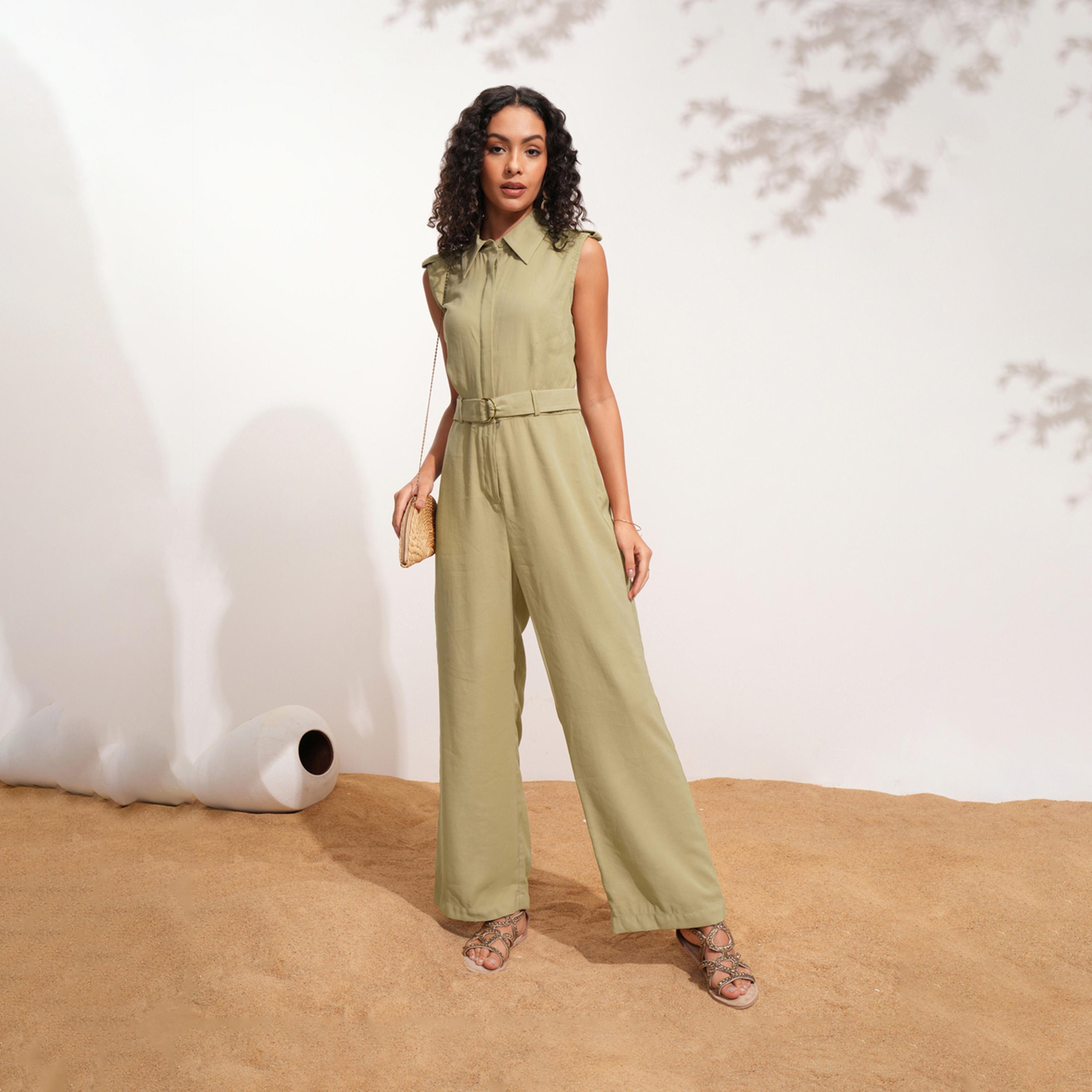 Tokyo Talkies X Styli Solid Sleeveless Collared Jumpsuit With Belt Detail-women-clothing-jumpsuits-image-2