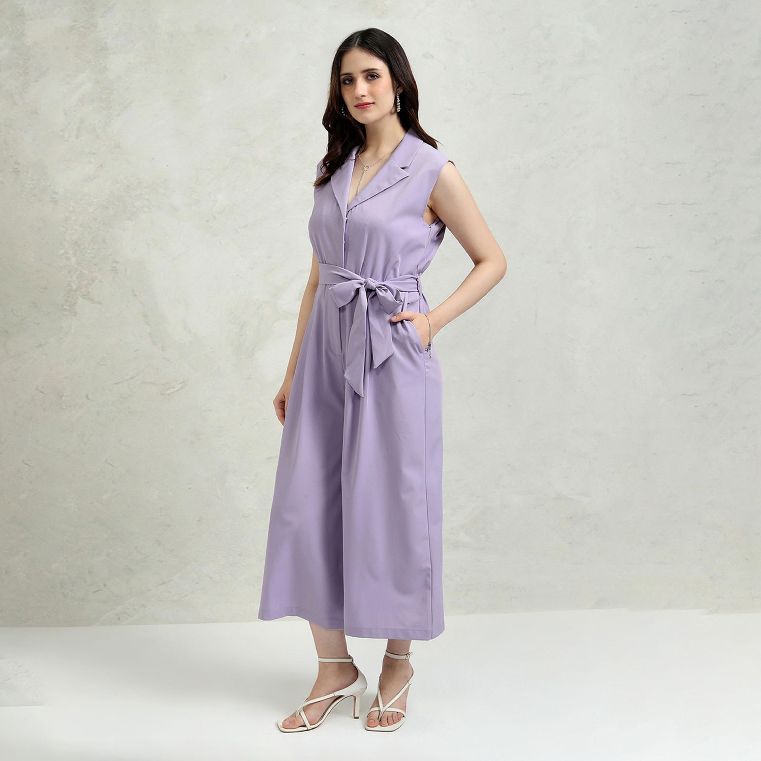 Tokyo Talkies X Styli Solid Collared Culotte Leg Jumpsuit With Waist Tie-Up Detail-women-clothing-jumpsuits-image-1