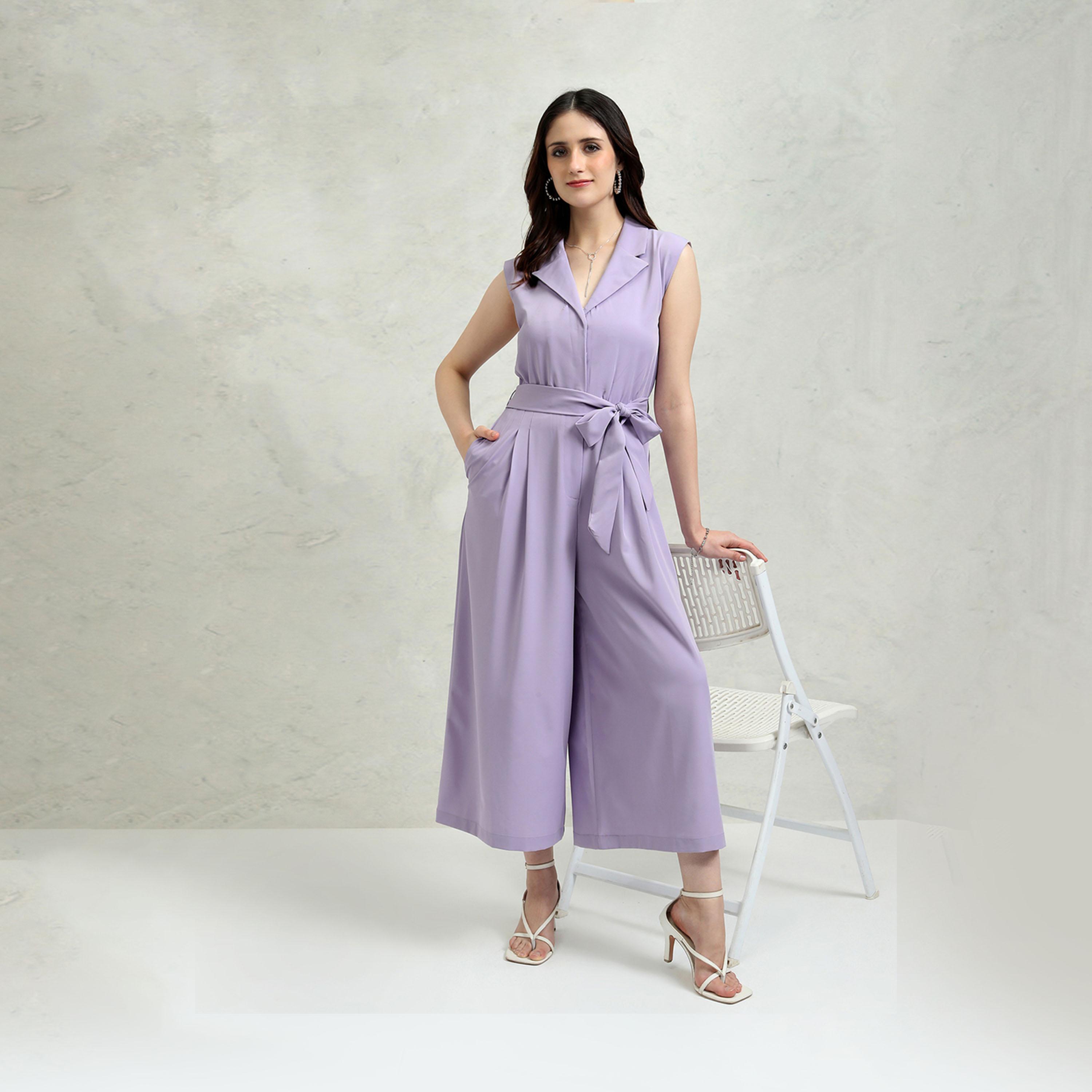 Tokyo Talkies X Styli Solid Collared Culotte Leg Jumpsuit With Waist Tie-Up Detail-women-clothing-jumpsuits-image-2
