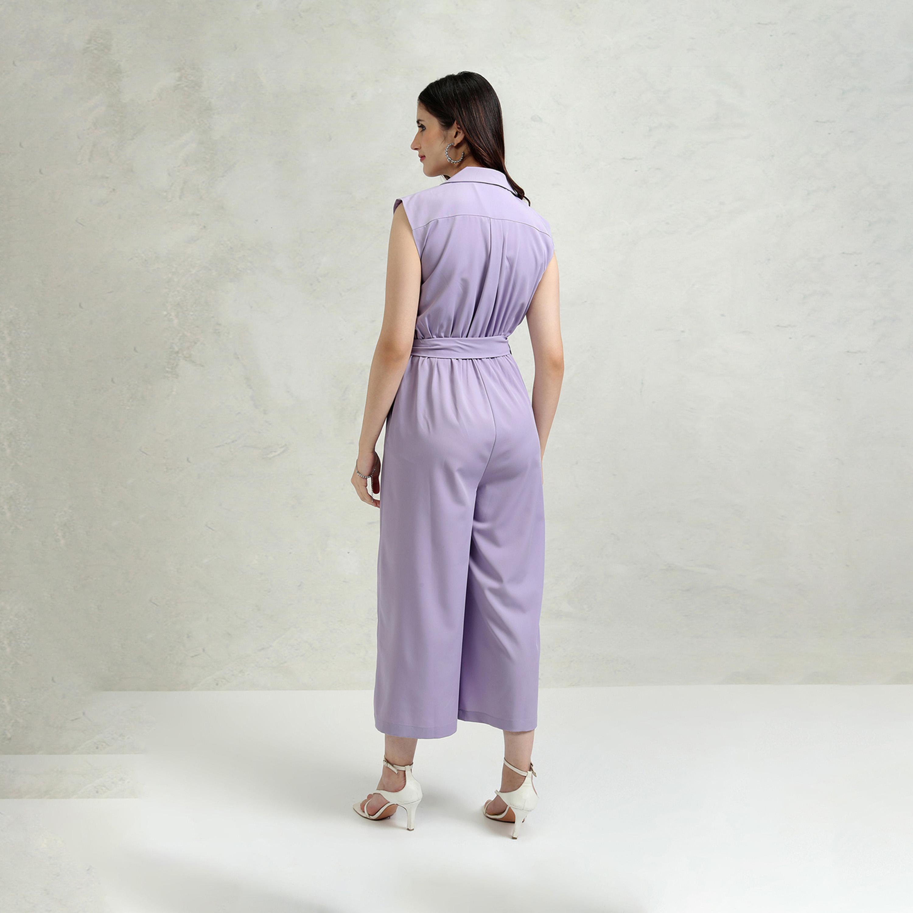 Tokyo Talkies X Styli Solid Collared Culotte Leg Jumpsuit With Waist Tie-Up Detail-women-clothing-jumpsuits-image-3