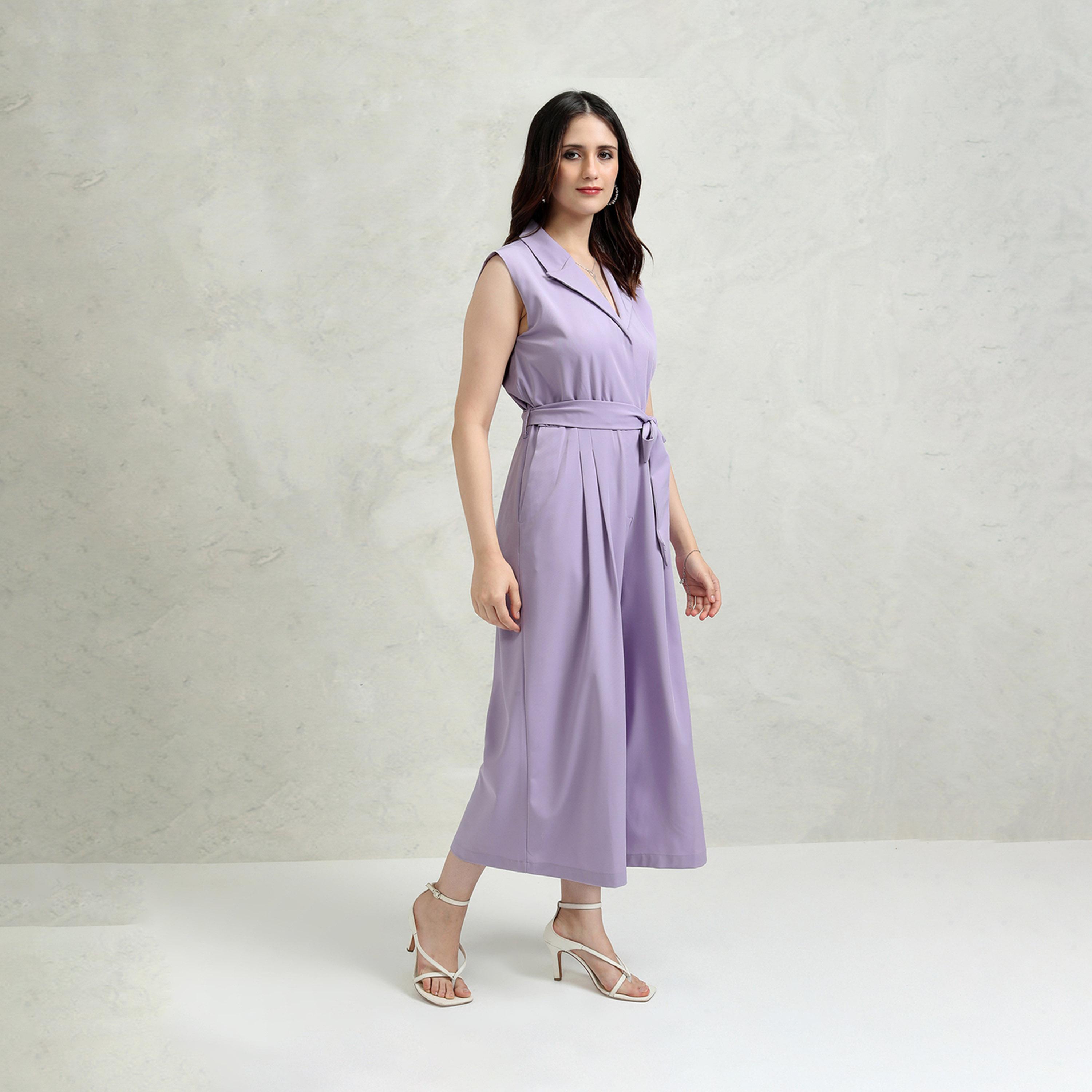 Tokyo Talkies X Styli Solid Collared Culotte Leg Jumpsuit With Waist Tie-Up Detail-women-clothing-jumpsuits-image-4