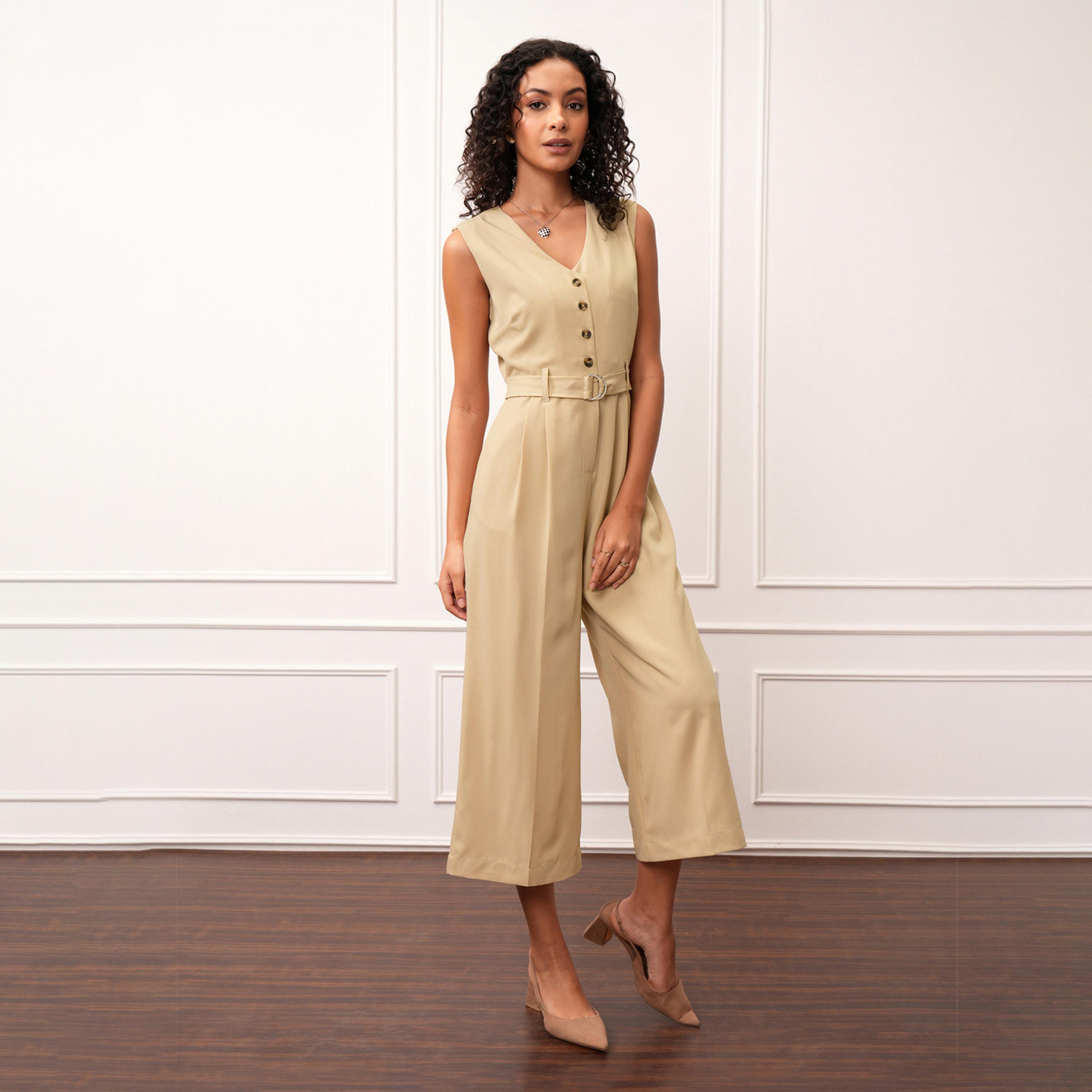 Tokyo Talkies X Styli Solid V-Neck Buttoned Culotte Leg Jumpsuit With Belt-women-clothing-jumpsuits-image-1
