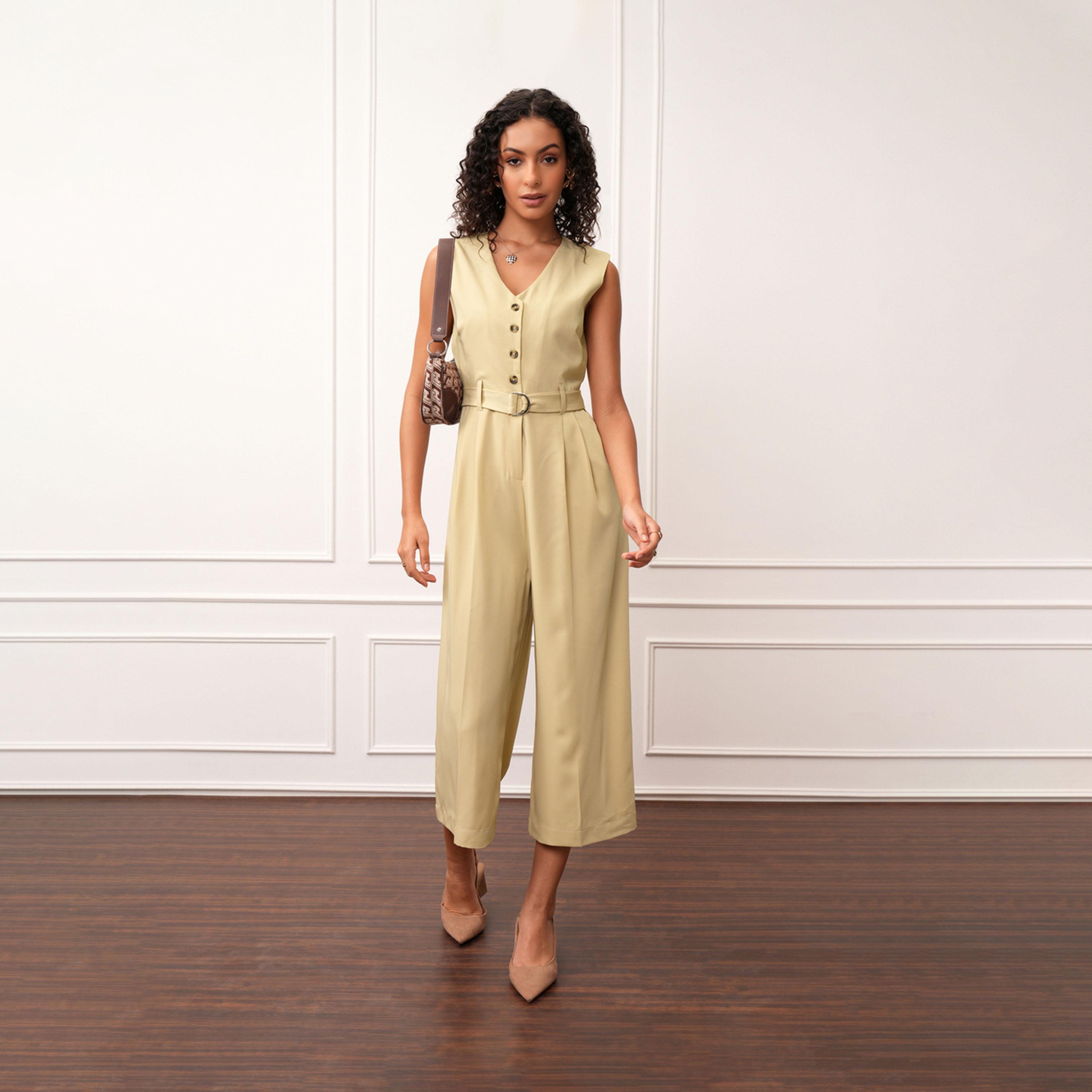 Tokyo Talkies X Styli Solid V-Neck Buttoned Culotte Leg Jumpsuit With Belt-women-clothing-jumpsuits-image-2