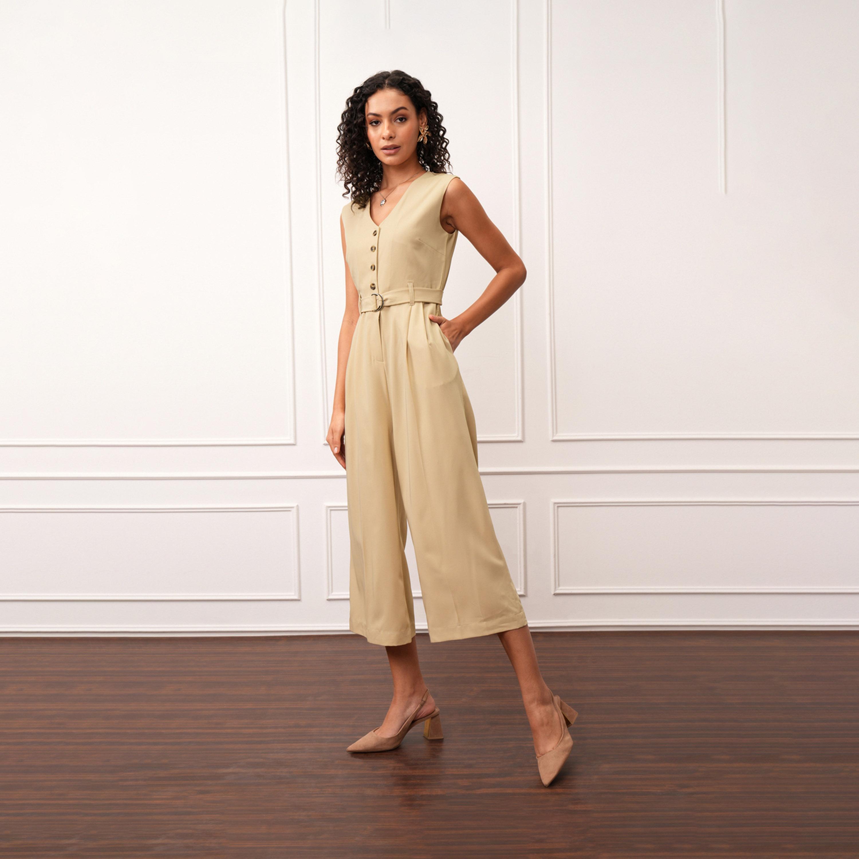 Tokyo Talkies X Styli Solid V-Neck Buttoned Culotte Leg Jumpsuit With Belt-women-clothing-jumpsuits-image-3