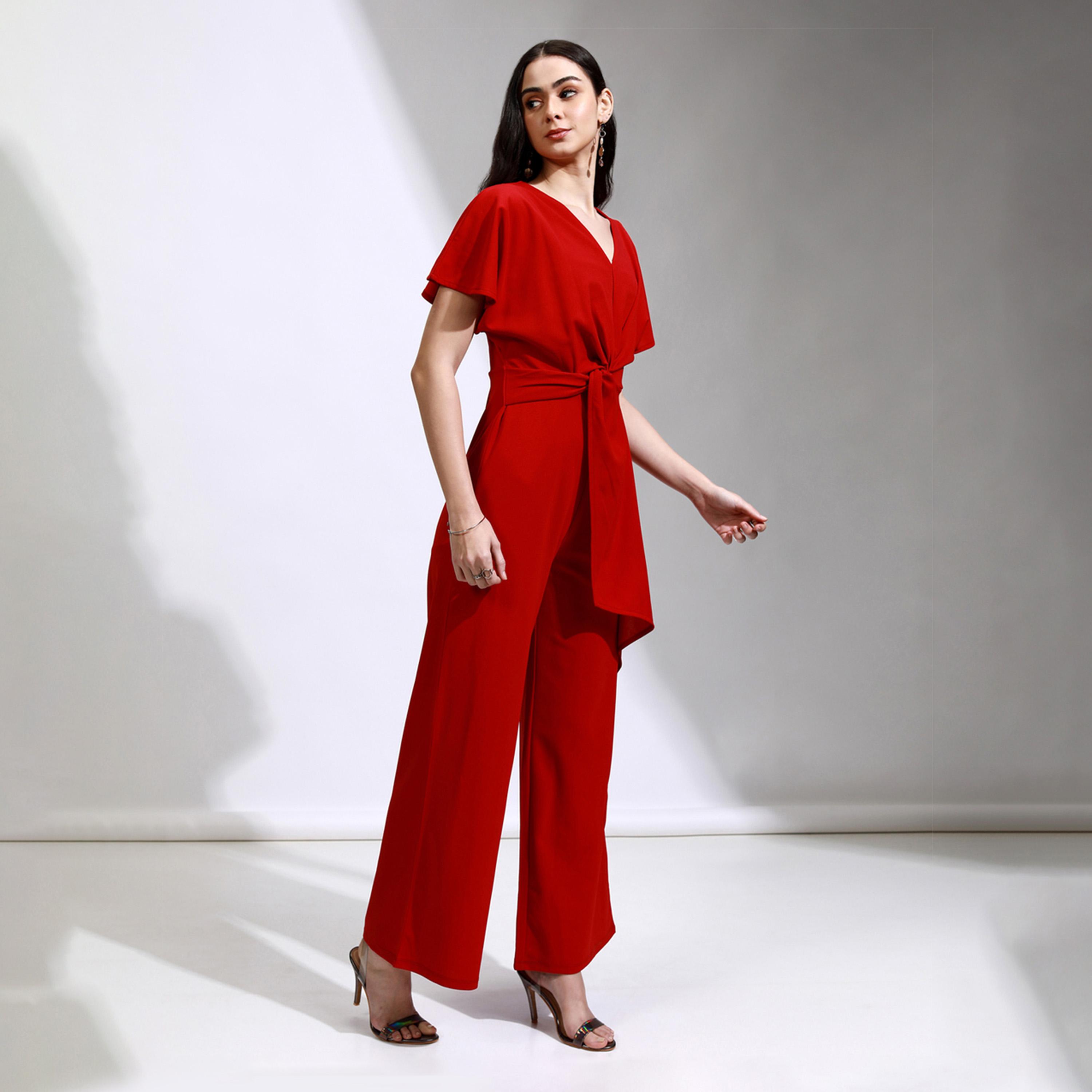 Tokyo Talkies X Styli Solid Waist Tie-Up Frill Sleeve V-Neck Jumpsuit-women-clothing-jumpsuits-image-1