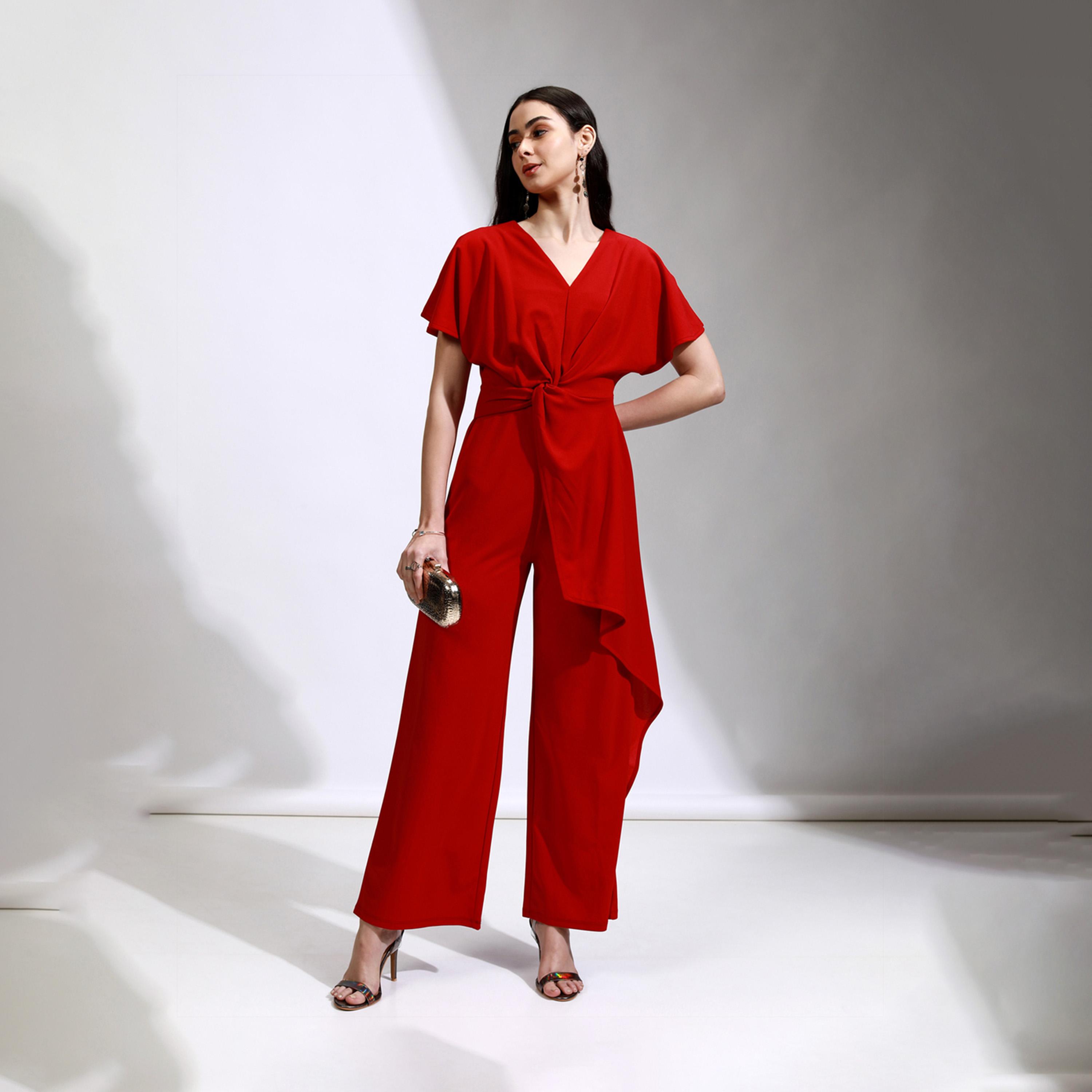 Tokyo Talkies X Styli Solid Waist Tie-Up Frill Sleeve V-Neck Jumpsuit-women-clothing-jumpsuits-image-2
