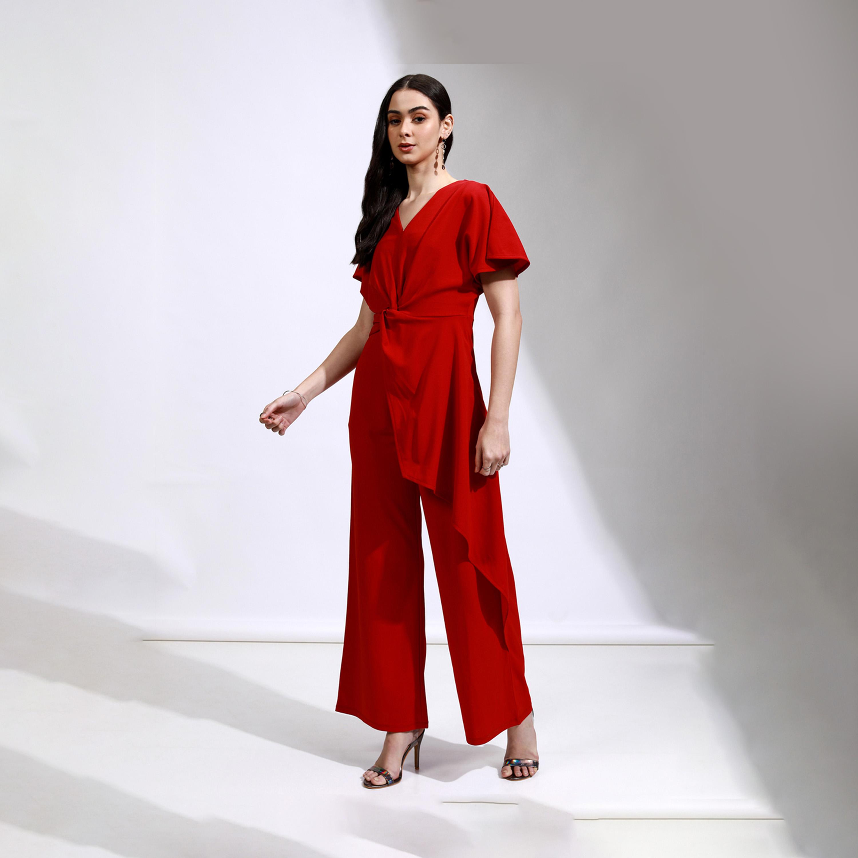 Tokyo Talkies X Styli Solid Waist Tie-Up Frill Sleeve V-Neck Jumpsuit-women-clothing-jumpsuits-image-3
