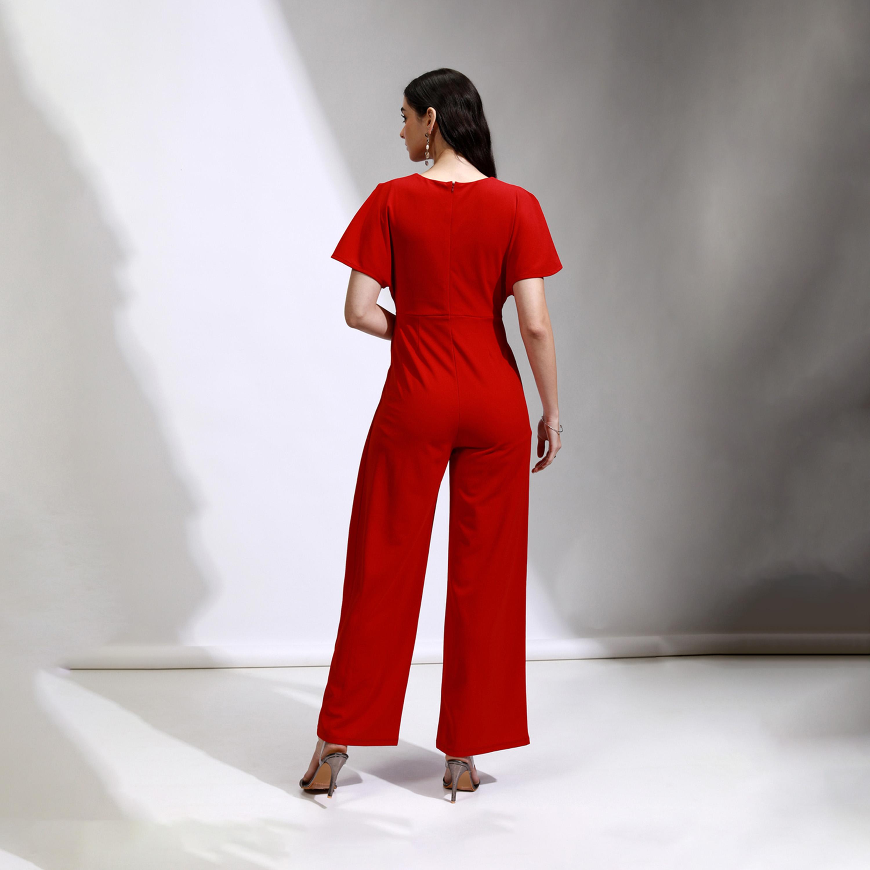 Tokyo Talkies X Styli Solid Waist Tie-Up Frill Sleeve V-Neck Jumpsuit-women-clothing-jumpsuits-image-4