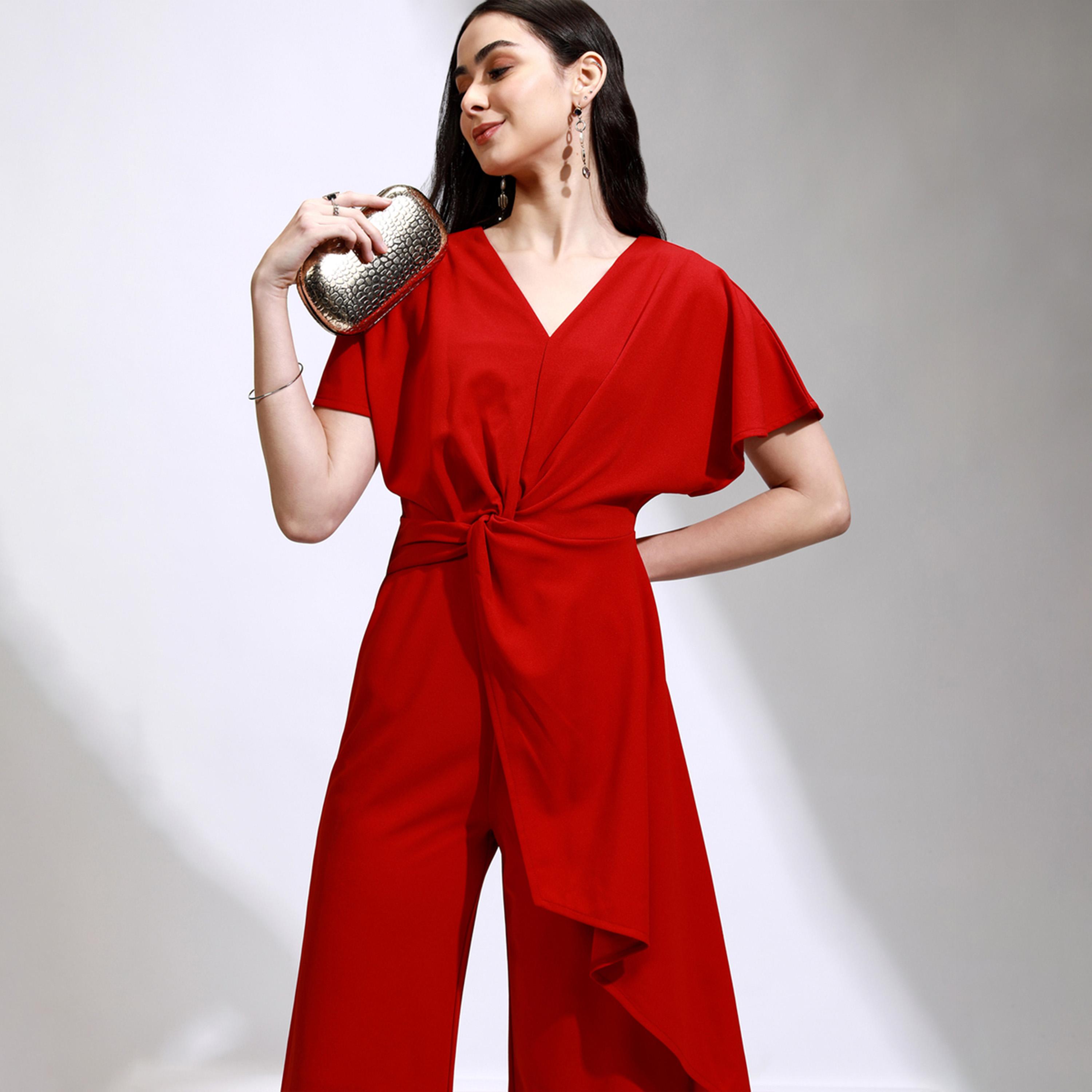 Tokyo Talkies X Styli Solid Waist Tie-Up Frill Sleeve V-Neck Jumpsuit-women-clothing-jumpsuits-image-5