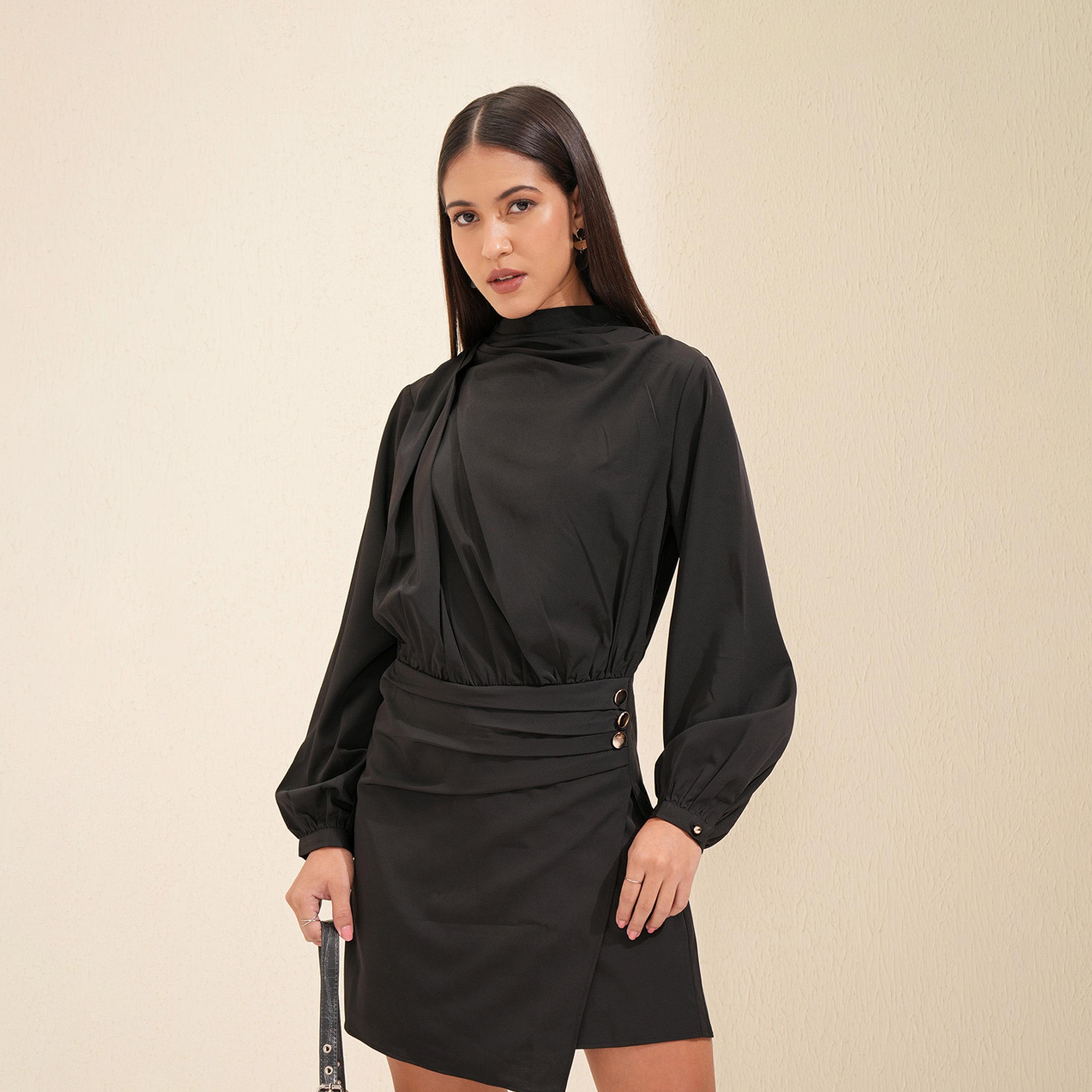 Tokyo Talkies X Styli Solid Balloon Sleeve Cowl Neck Jumpsuit With Buttons Detail-women-clothing-jumpsuits-image-3