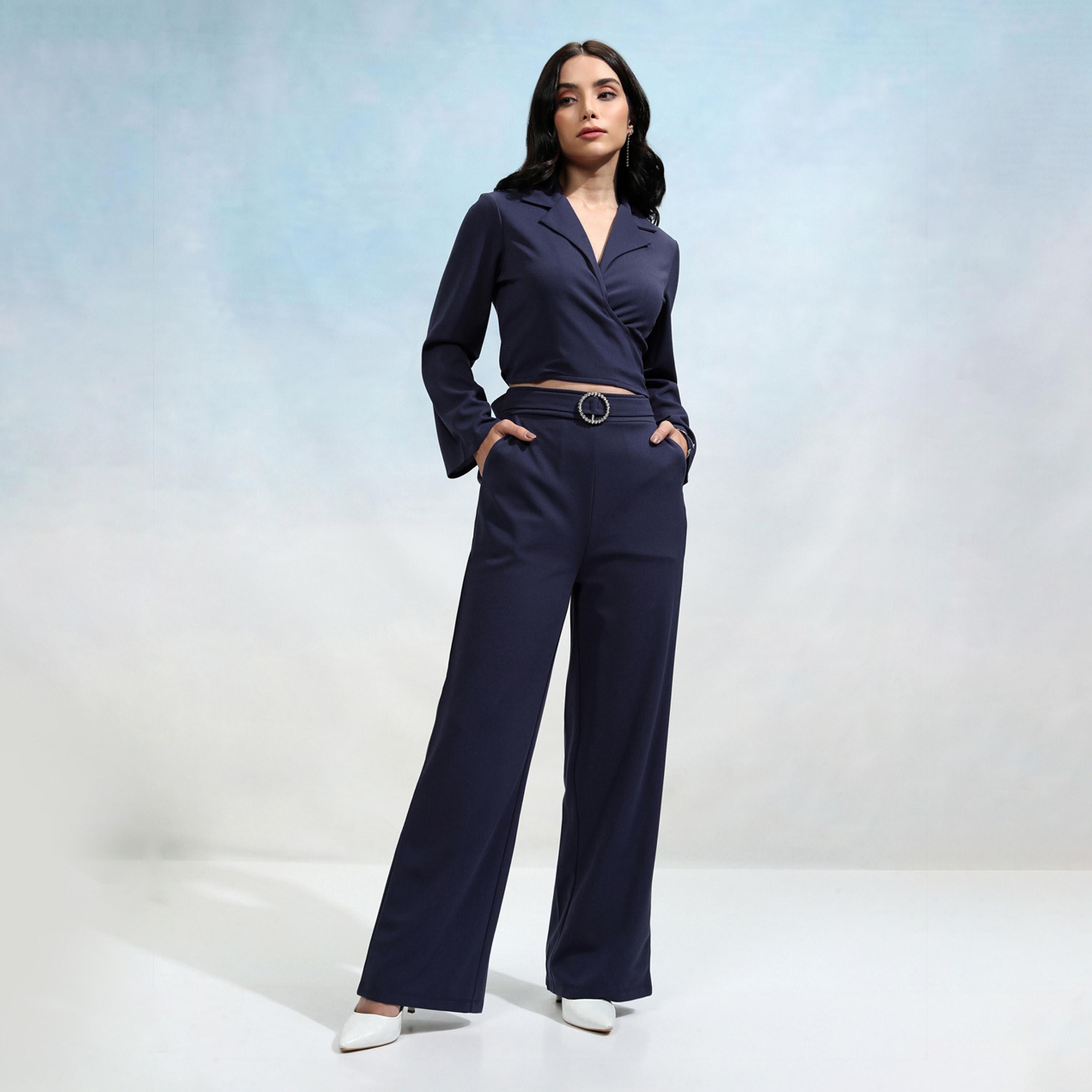 Tokyo Talkies X Styli Solid Wrap Notch Label Crop Top With Wide Leg Trousers Co-Ords-women-clothing-coordsets-image-1