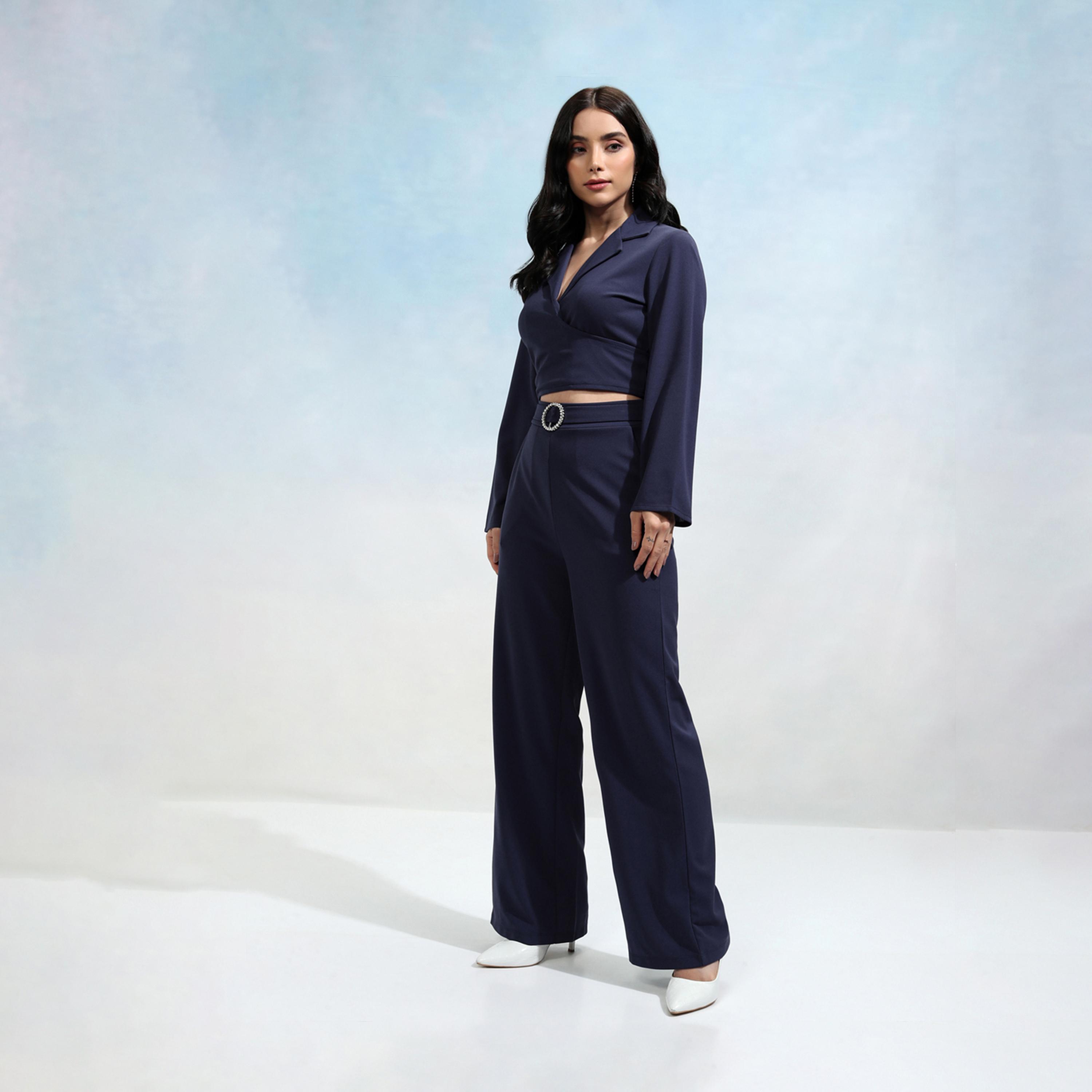 Tokyo Talkies X Styli Solid Wrap Notch Label Crop Top With Wide Leg Trousers Co-Ords-women-clothing-coordsets-image-2