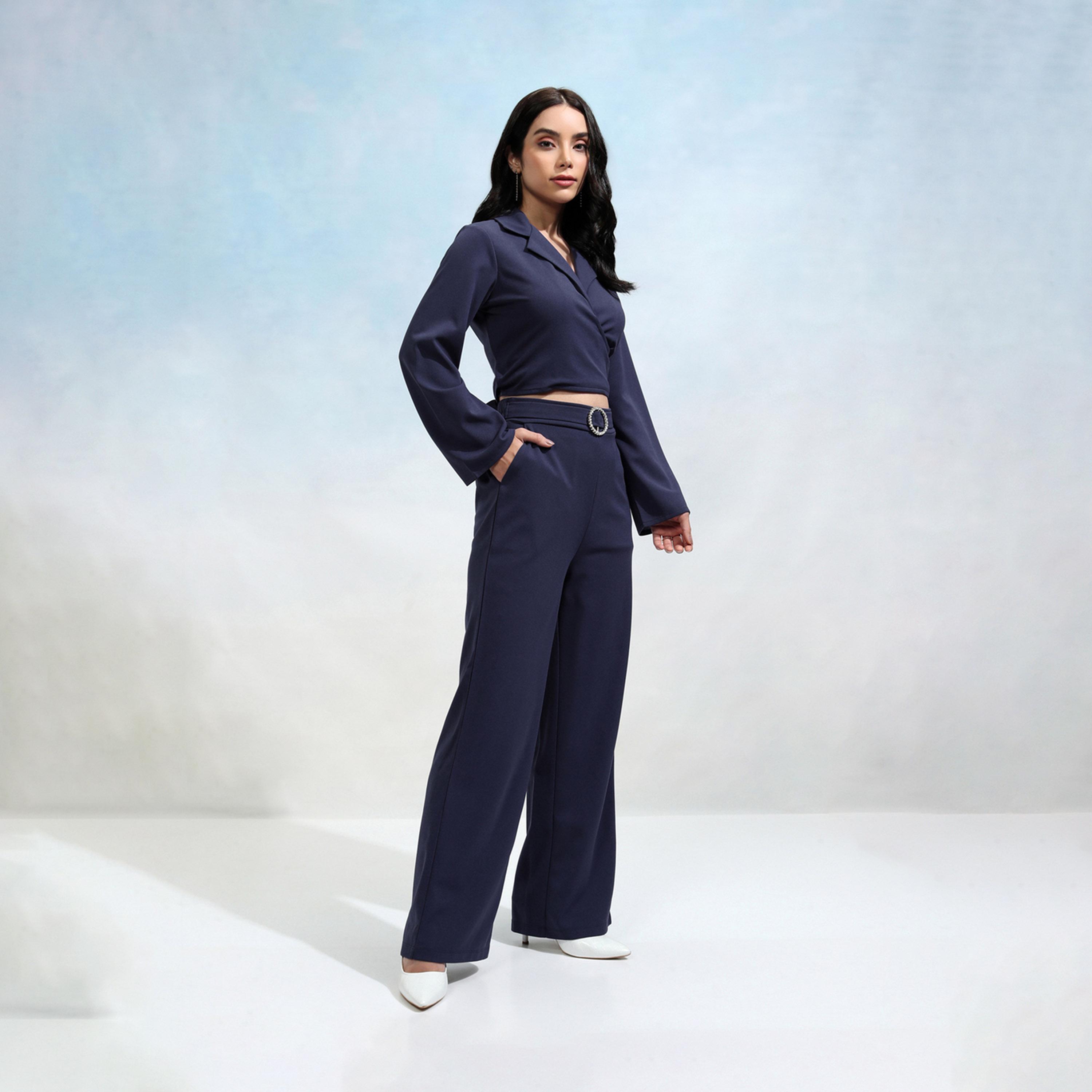 Tokyo Talkies X Styli Solid Wrap Notch Label Crop Top With Wide Leg Trousers Co-Ords-women-clothing-coordsets-image-3