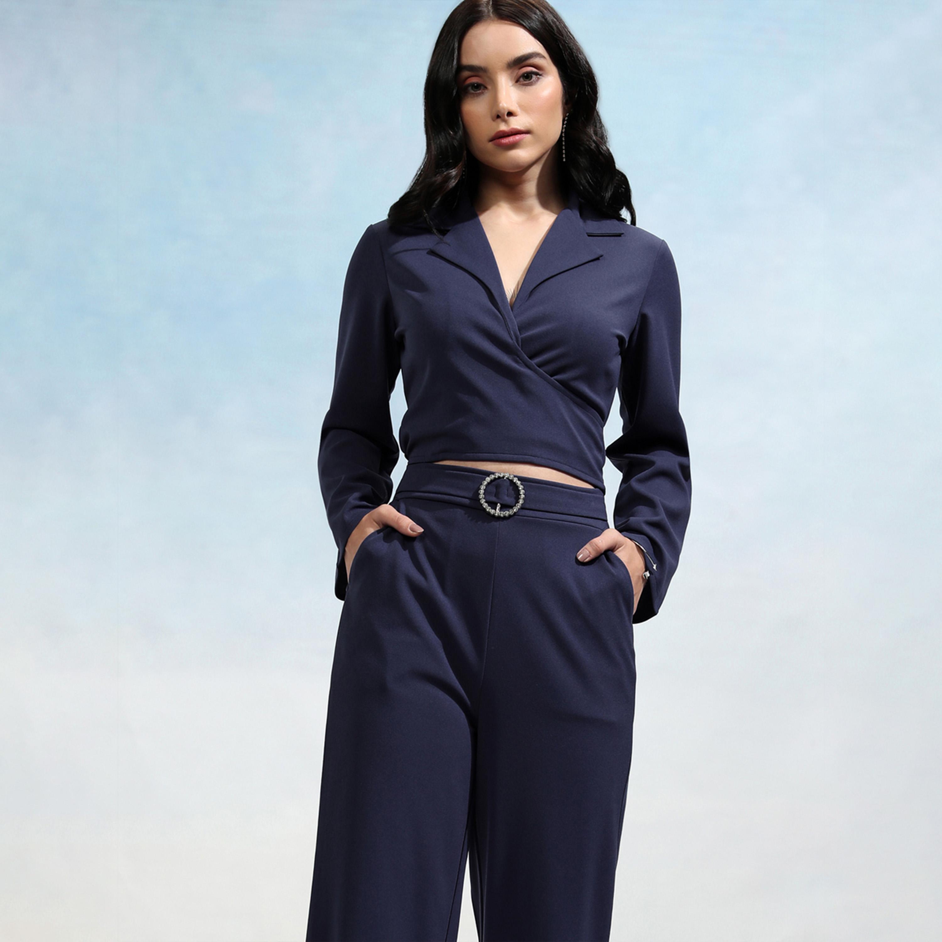 Tokyo Talkies X Styli Solid Wrap Notch Label Crop Top With Wide Leg Trousers Co-Ords-women-clothing-coordsets-image-5